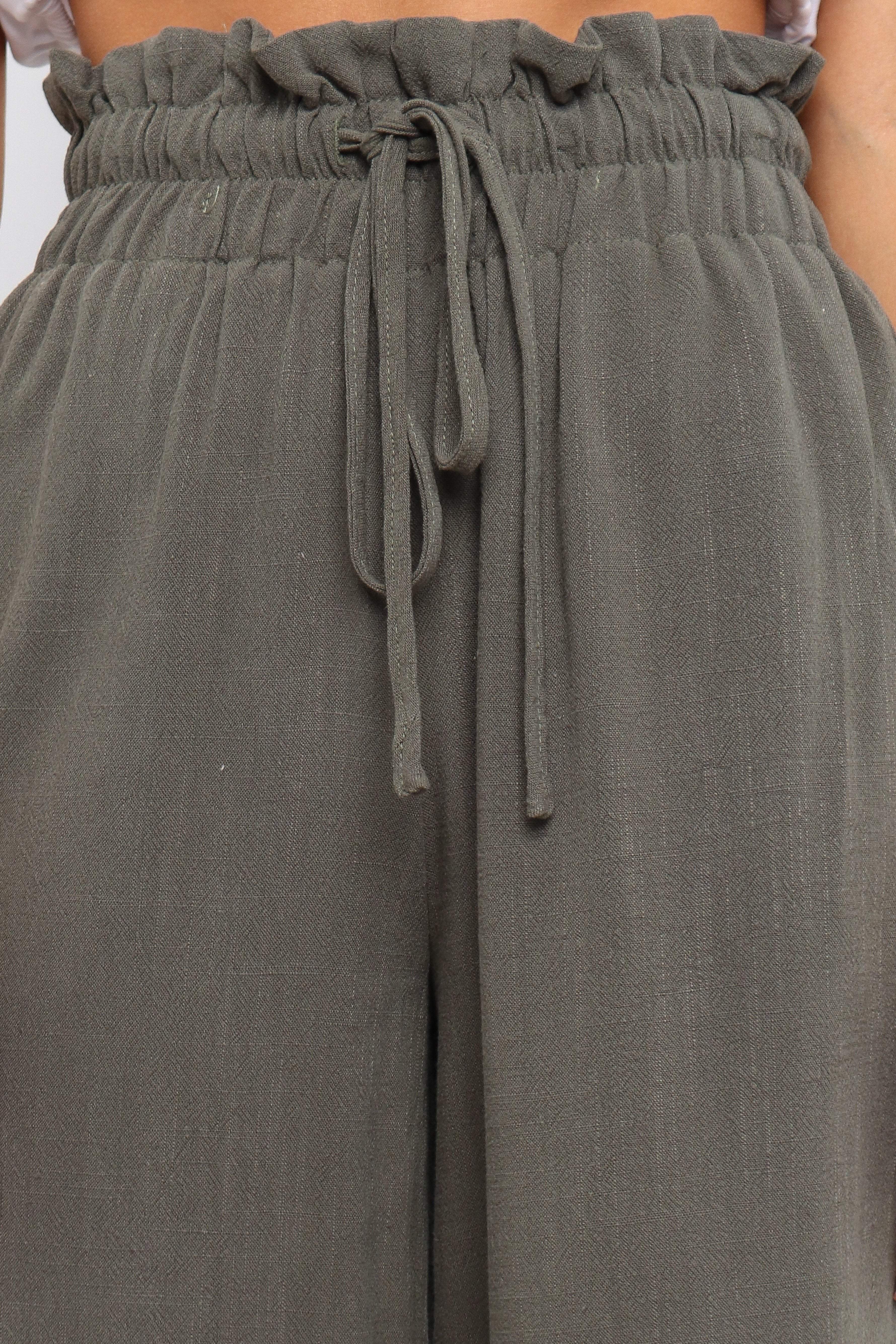 High Waisted Linen Blend Pants with Drawstring Waist - Olive