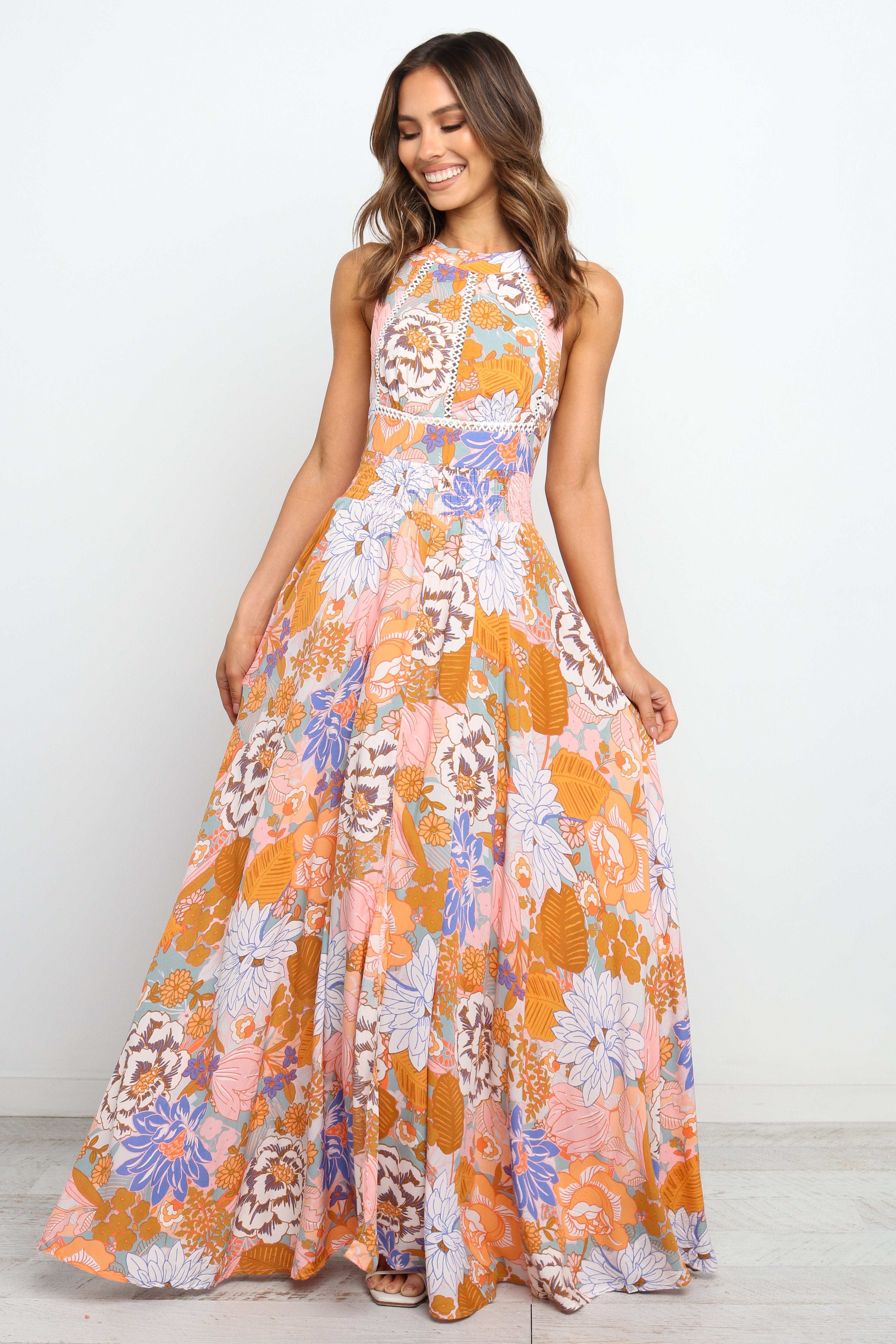 Floral Maxi Dress with Open Back & Button Neck - Orange