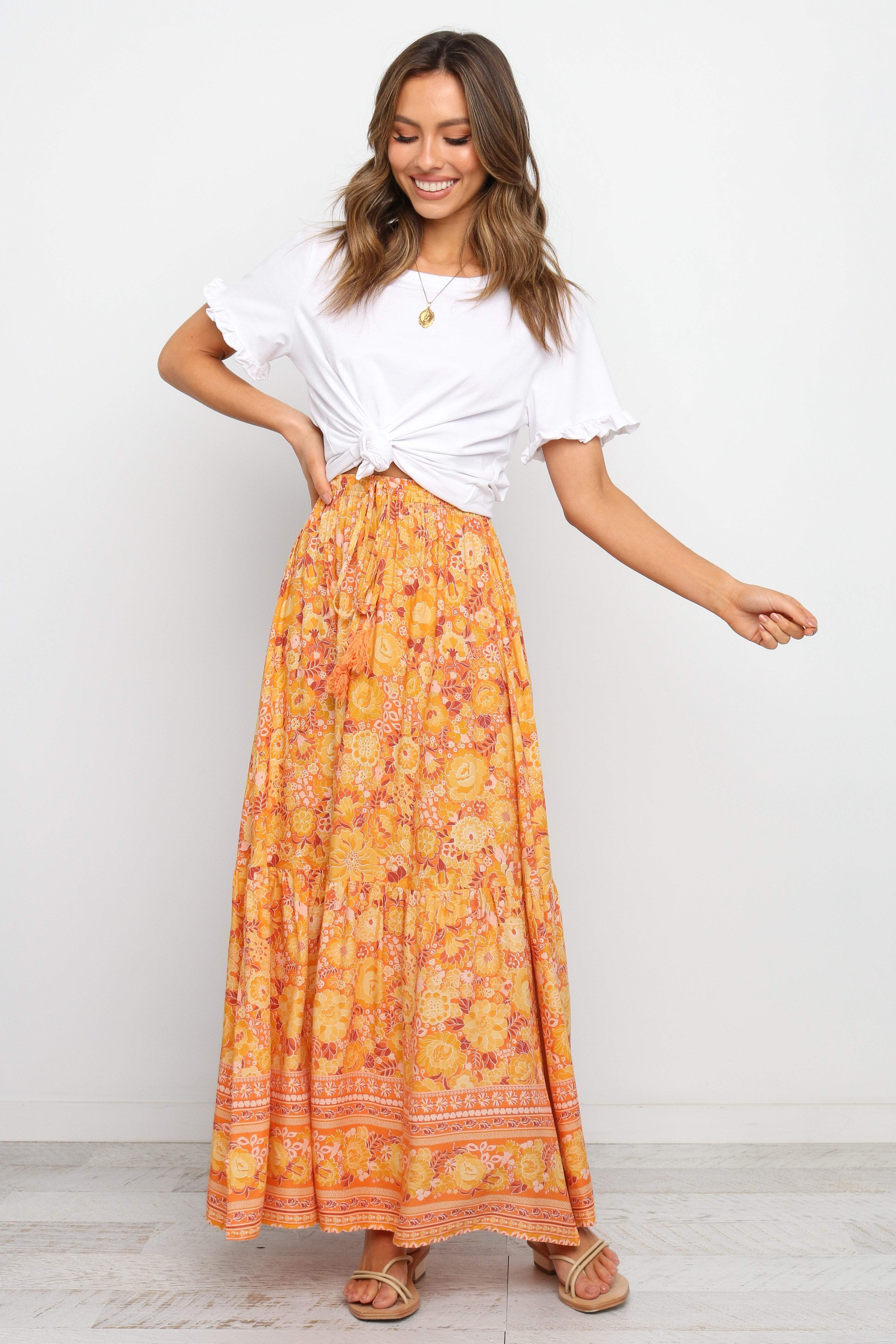 Nyasa Orange Maxi Skirt with Side Splits - Rayon