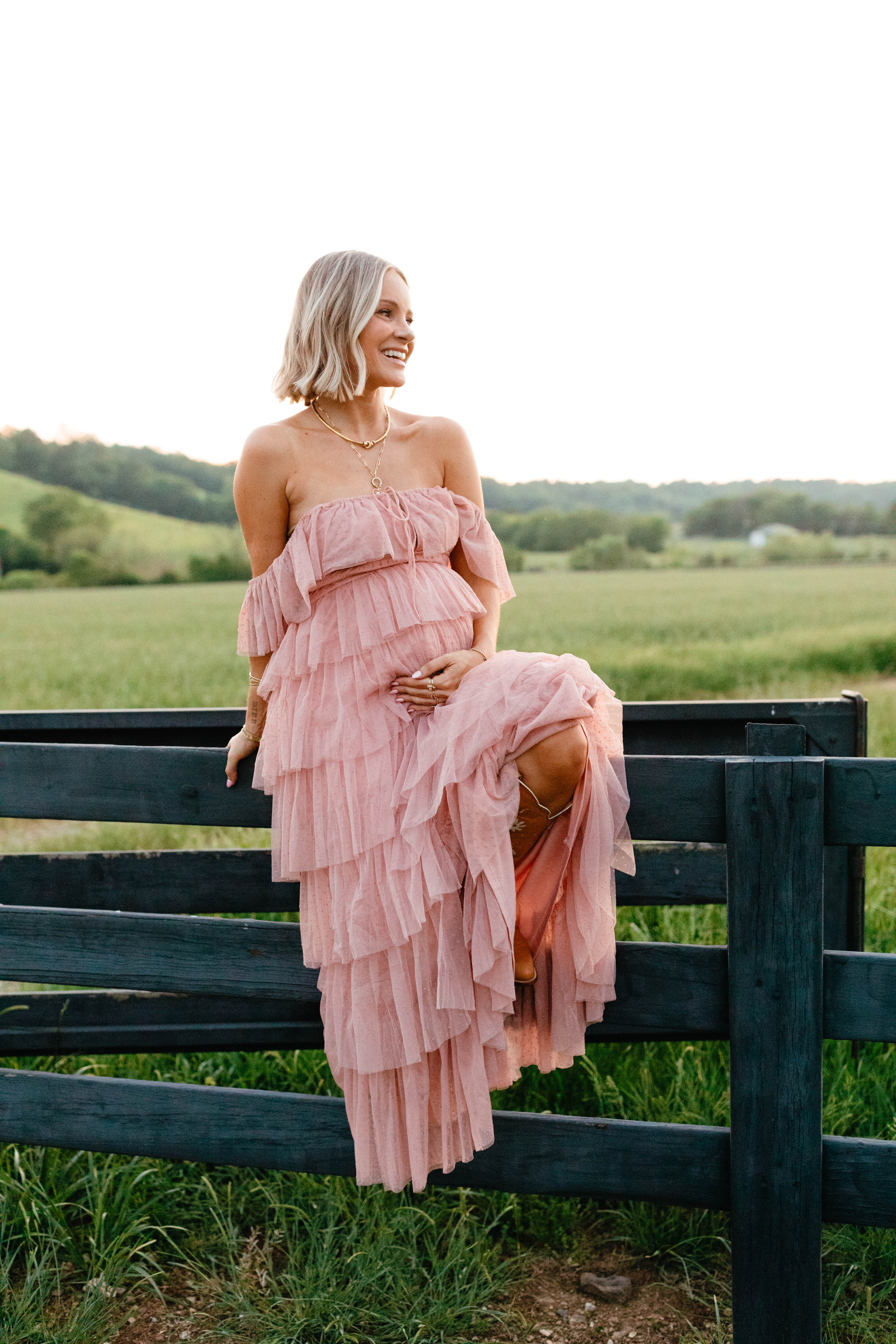 Blush Tulle Maxi Dress with Square Neckline & Ruffled Straps