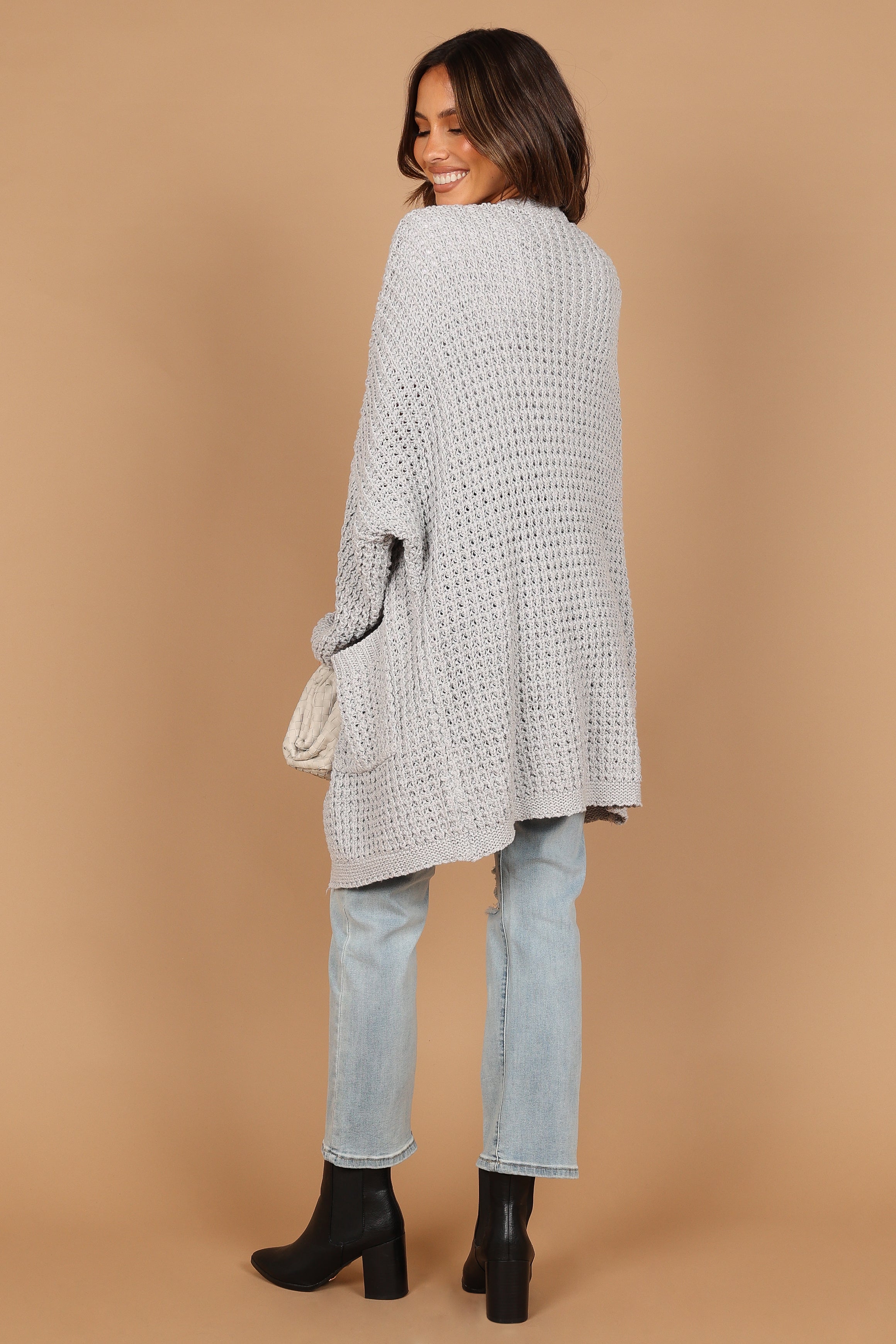 Leyonie Knitted Longline Cardigan - Grey Open Front with Pockets