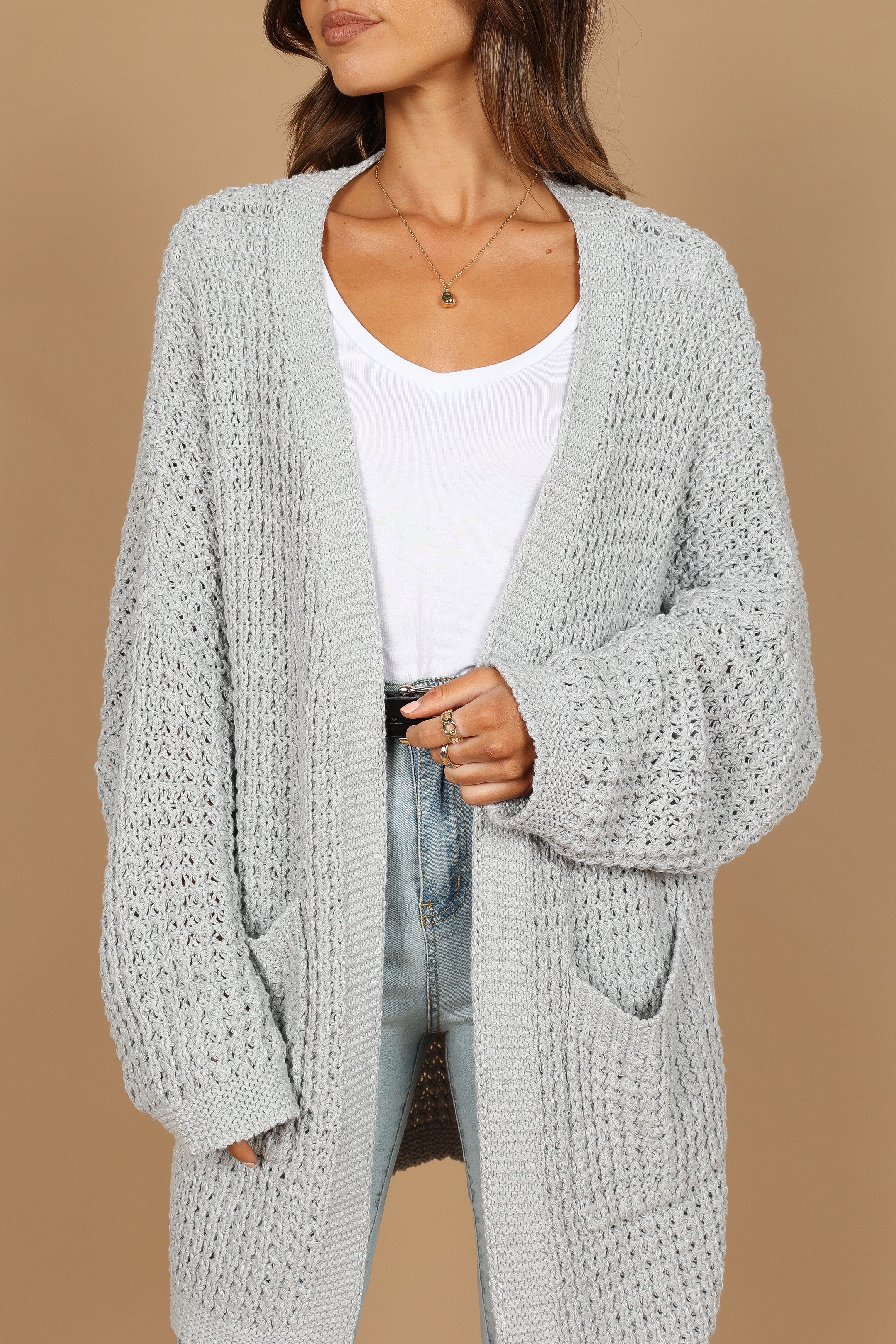 Leyonie Knitted Longline Cardigan - Grey Open Front with Pockets