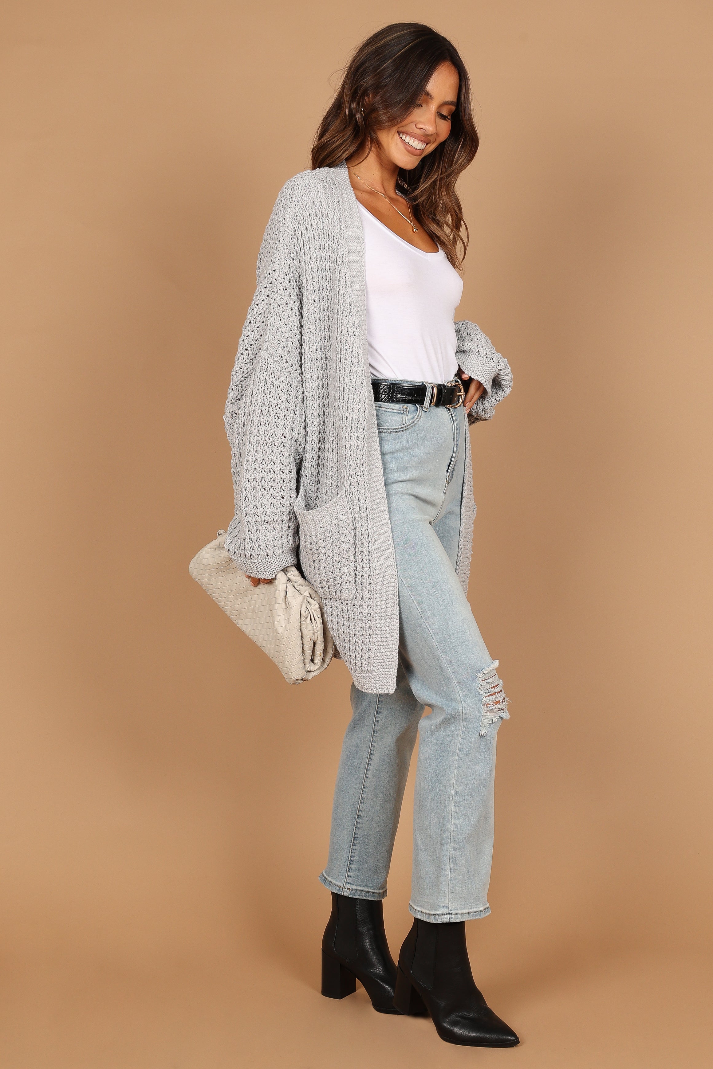 Leyonie Knitted Longline Cardigan - Grey Open Front with Pockets