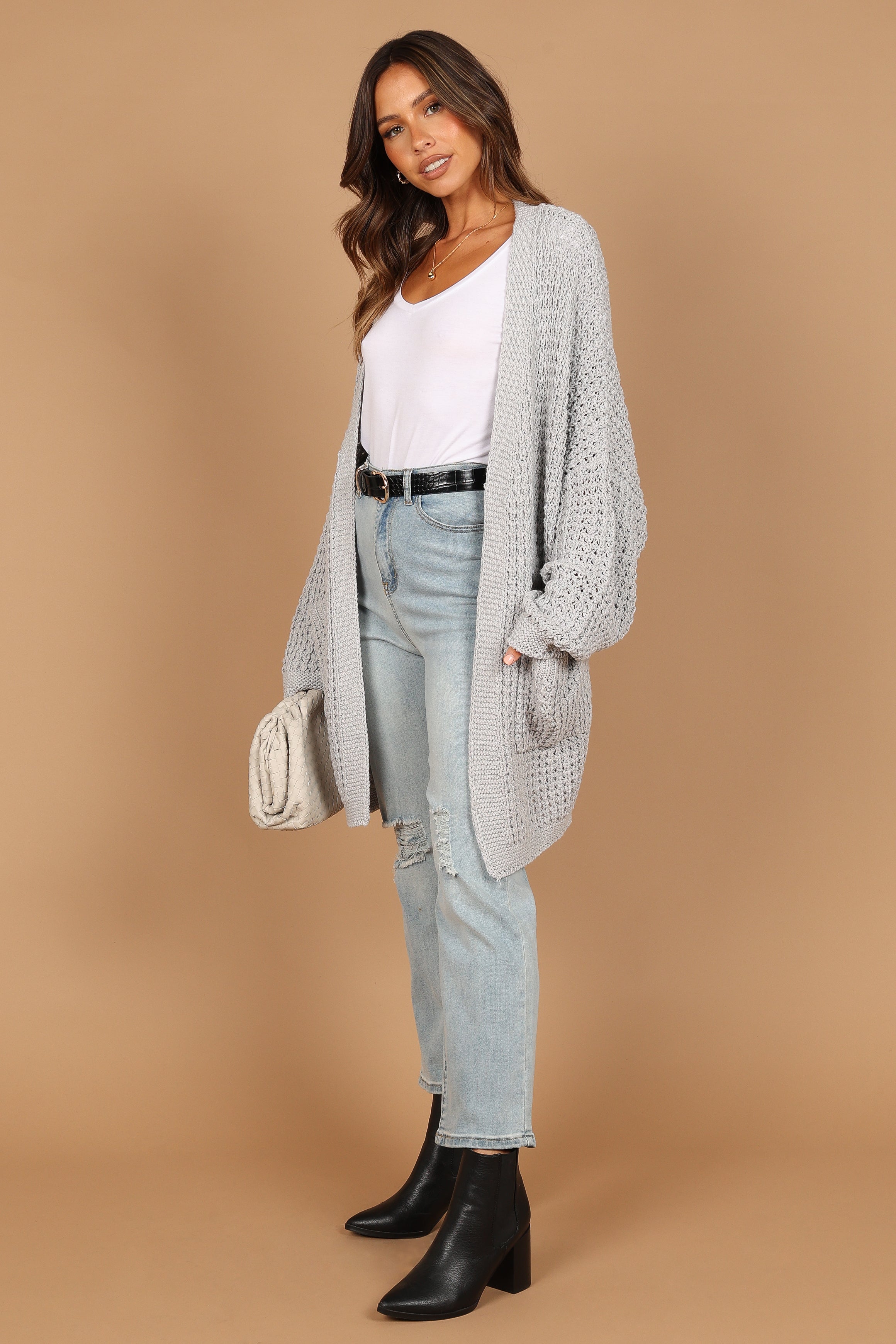 Leyonie Knitted Longline Cardigan - Grey Open Front with Pockets