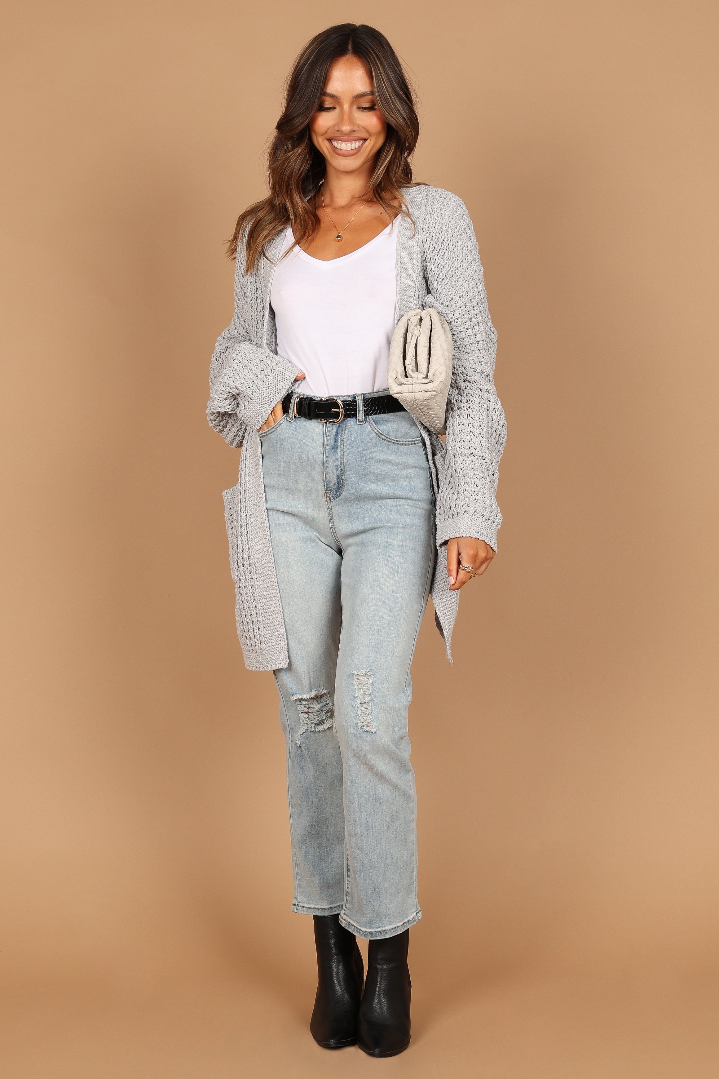 Leyonie Knitted Longline Cardigan - Grey Open Front with Pockets