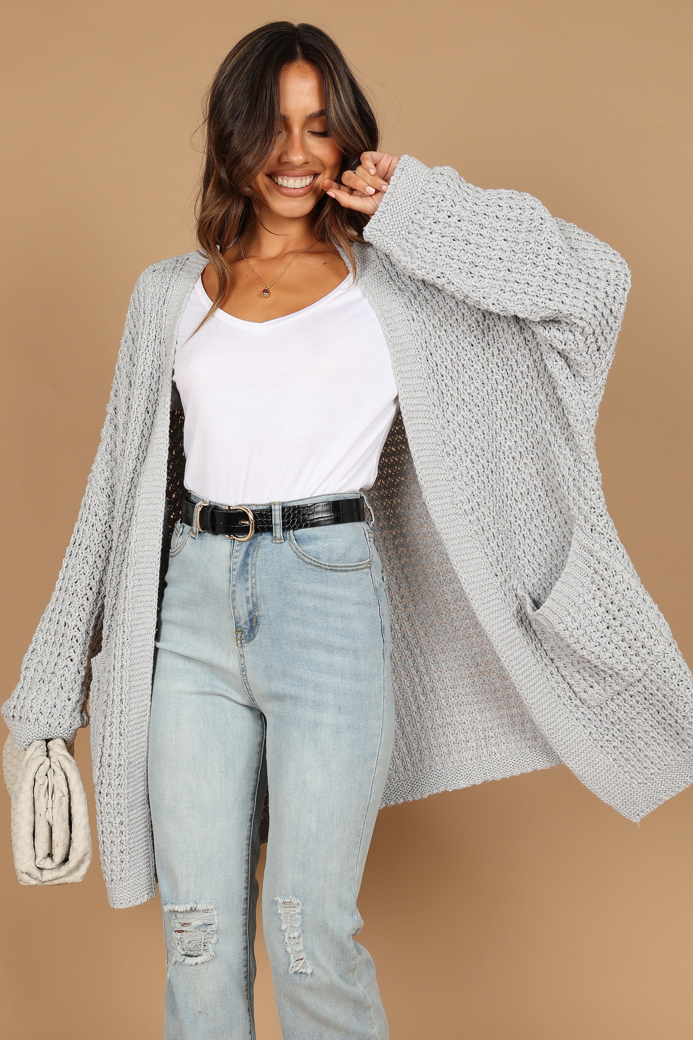 Leyonie Knitted Longline Cardigan - Grey Open Front with Pockets