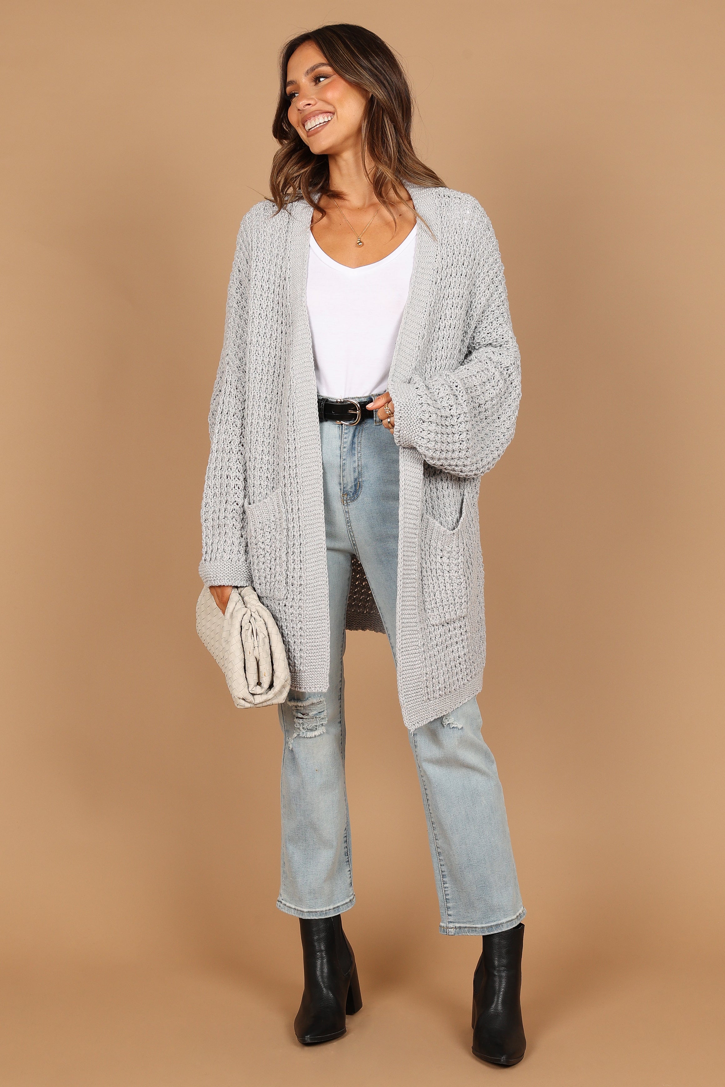 Leyonie Knitted Longline Cardigan - Grey Open Front with Pockets