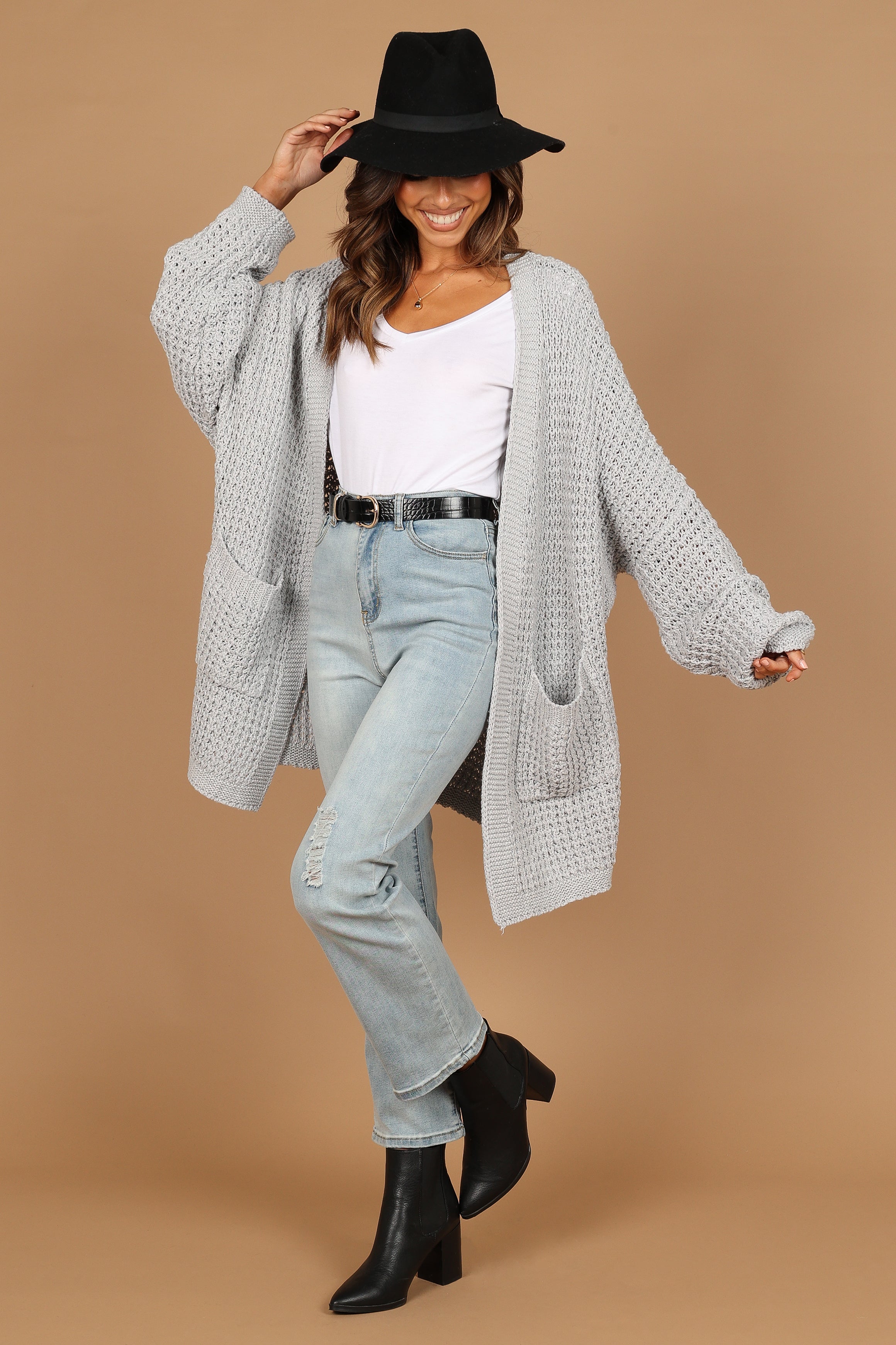 Leyonie Knitted Longline Cardigan - Grey Open Front with Pockets