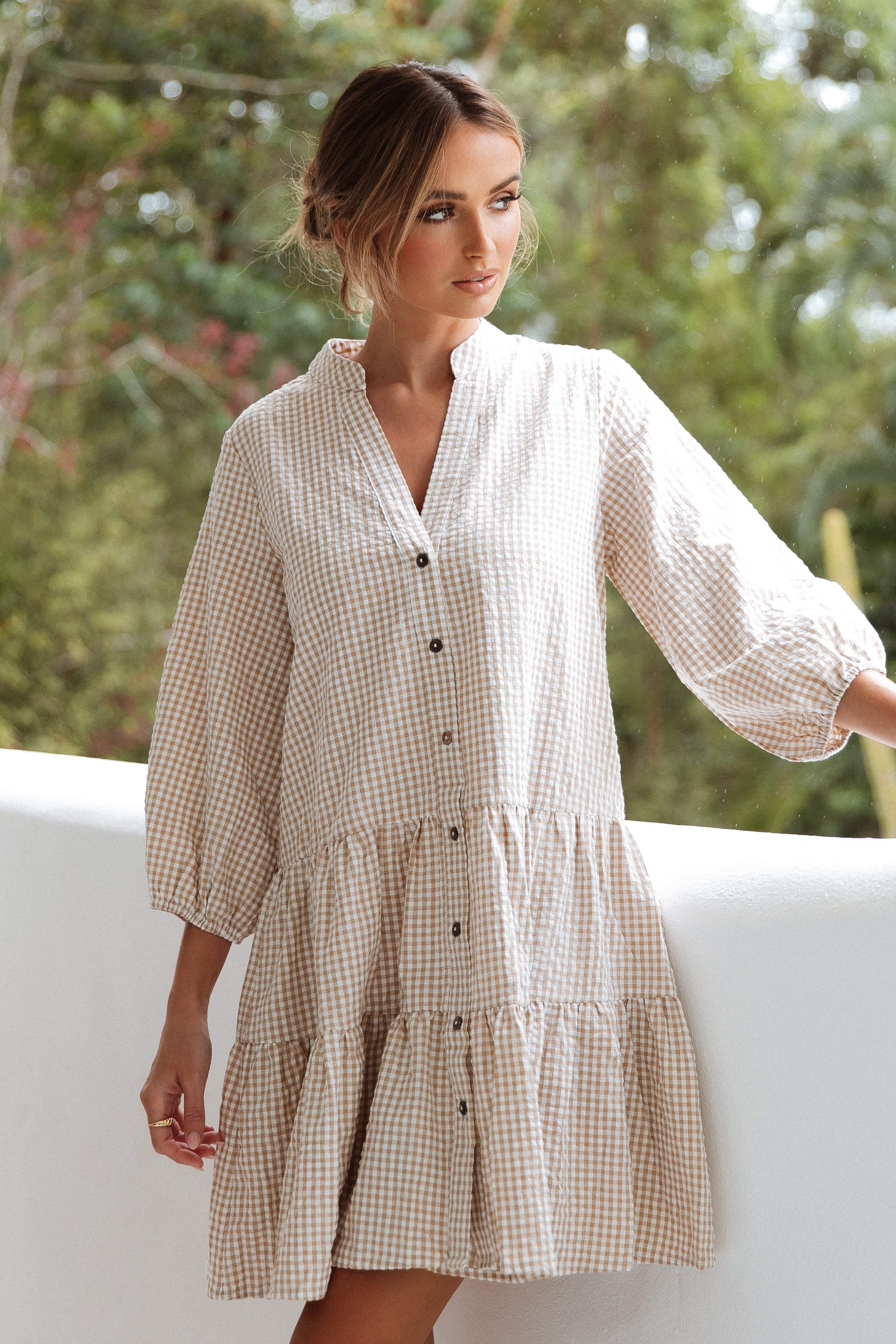 Beige Gingham Daria Dress - Oversized V-Neck Long Sleeve