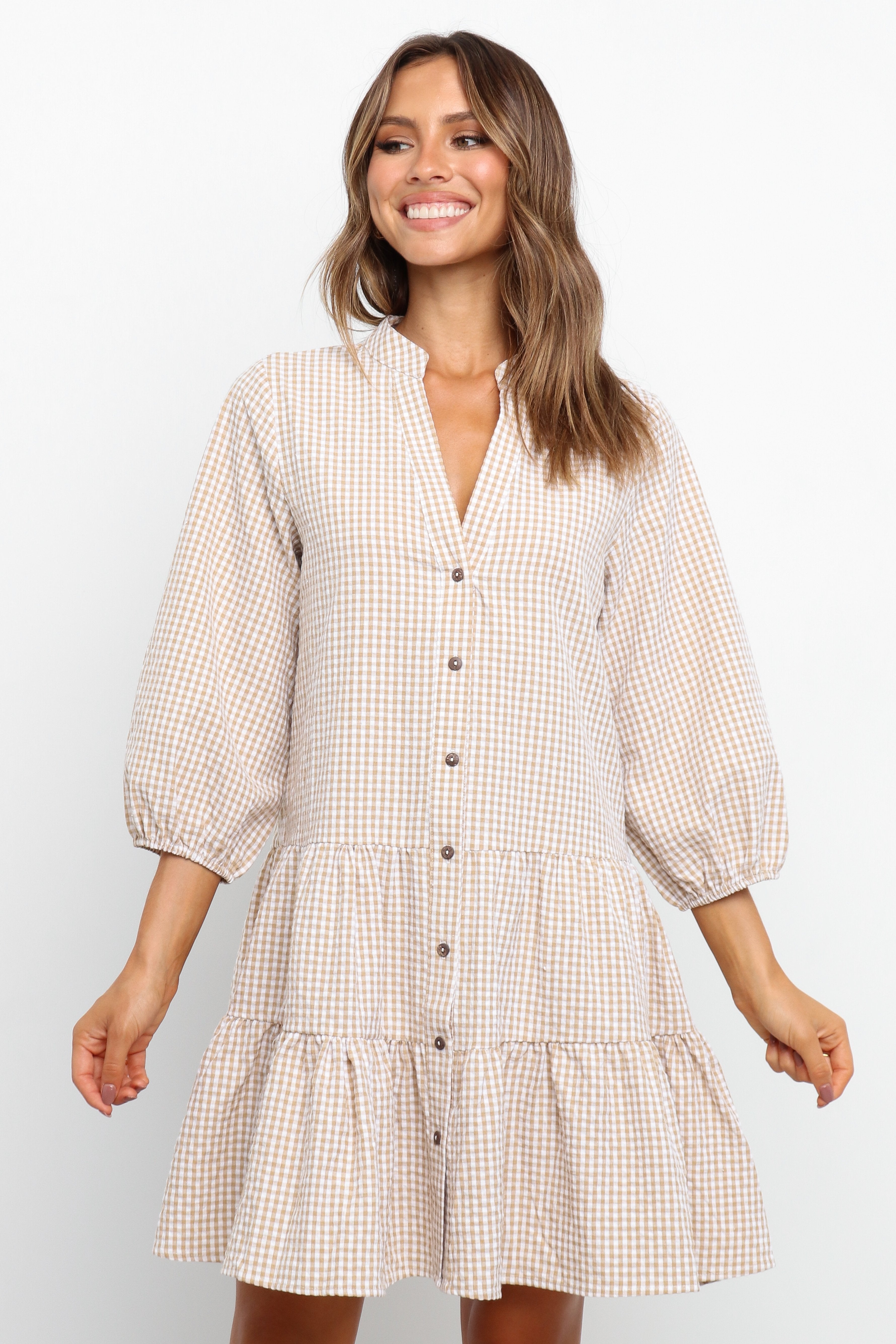 Beige Gingham Daria Dress - Oversized V-Neck Long Sleeve