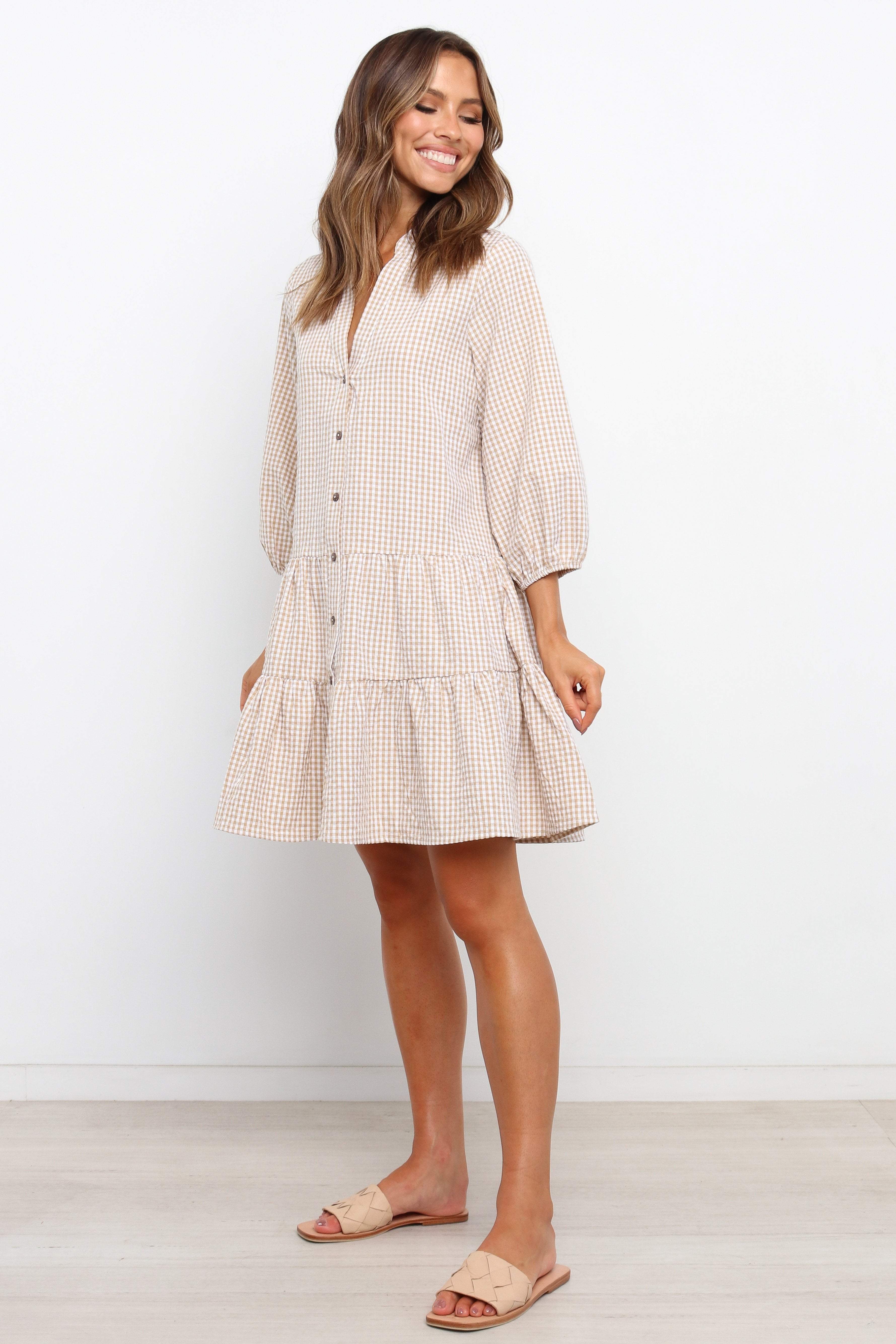 Beige Gingham Daria Dress - Oversized V-Neck Long Sleeve