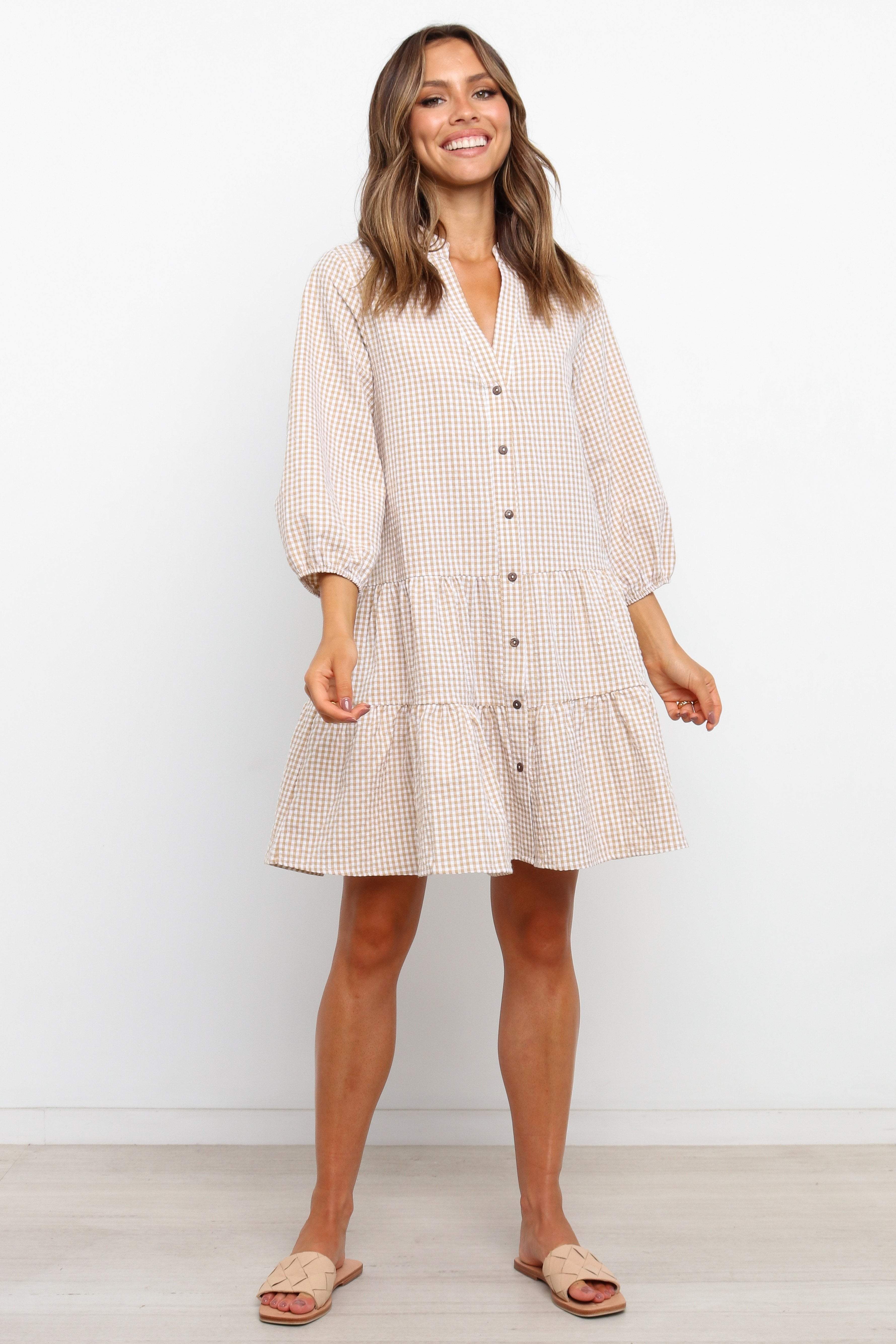 Beige Gingham Daria Dress - Oversized V-Neck Long Sleeve