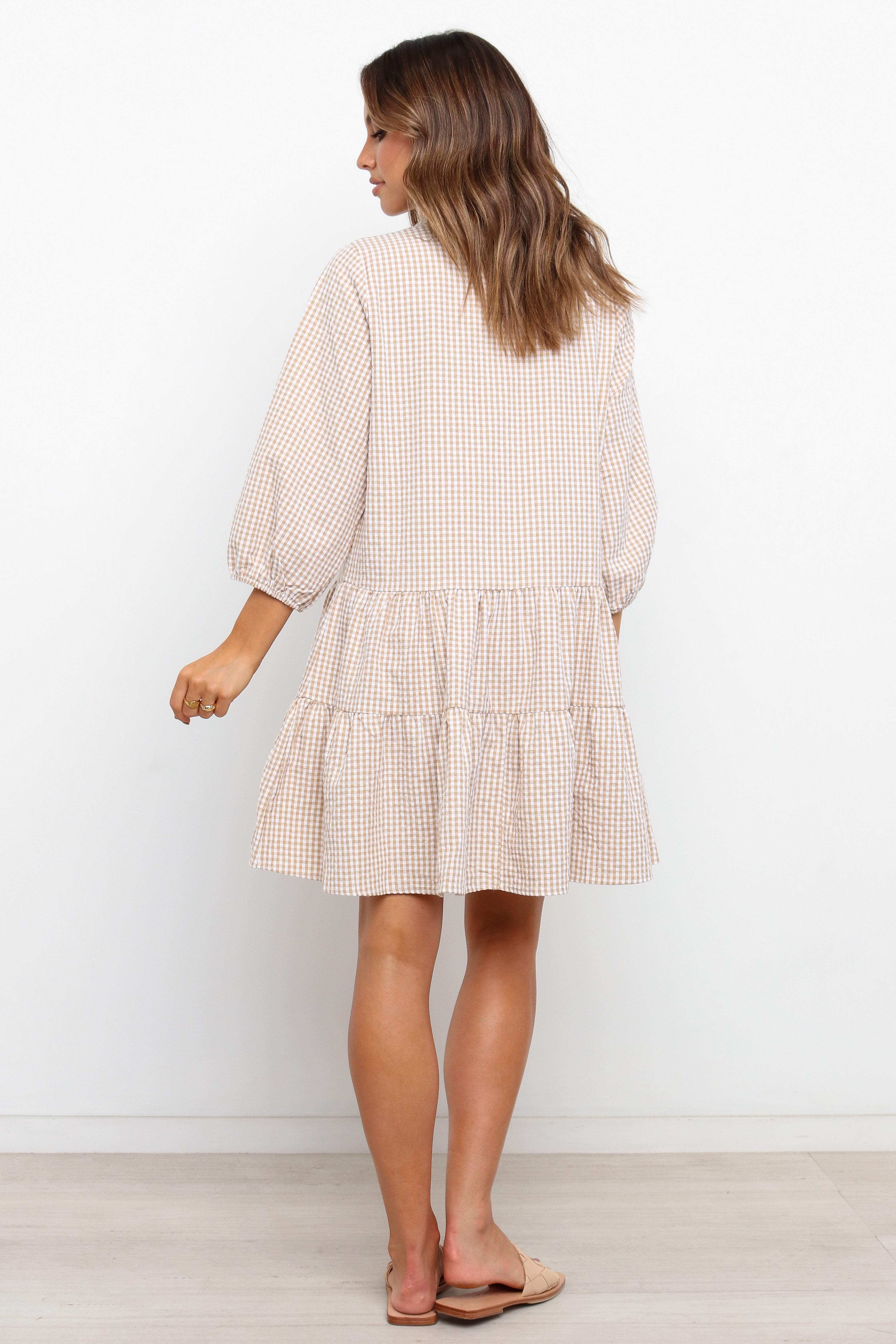 Beige Gingham Daria Dress - Oversized V-Neck Long Sleeve