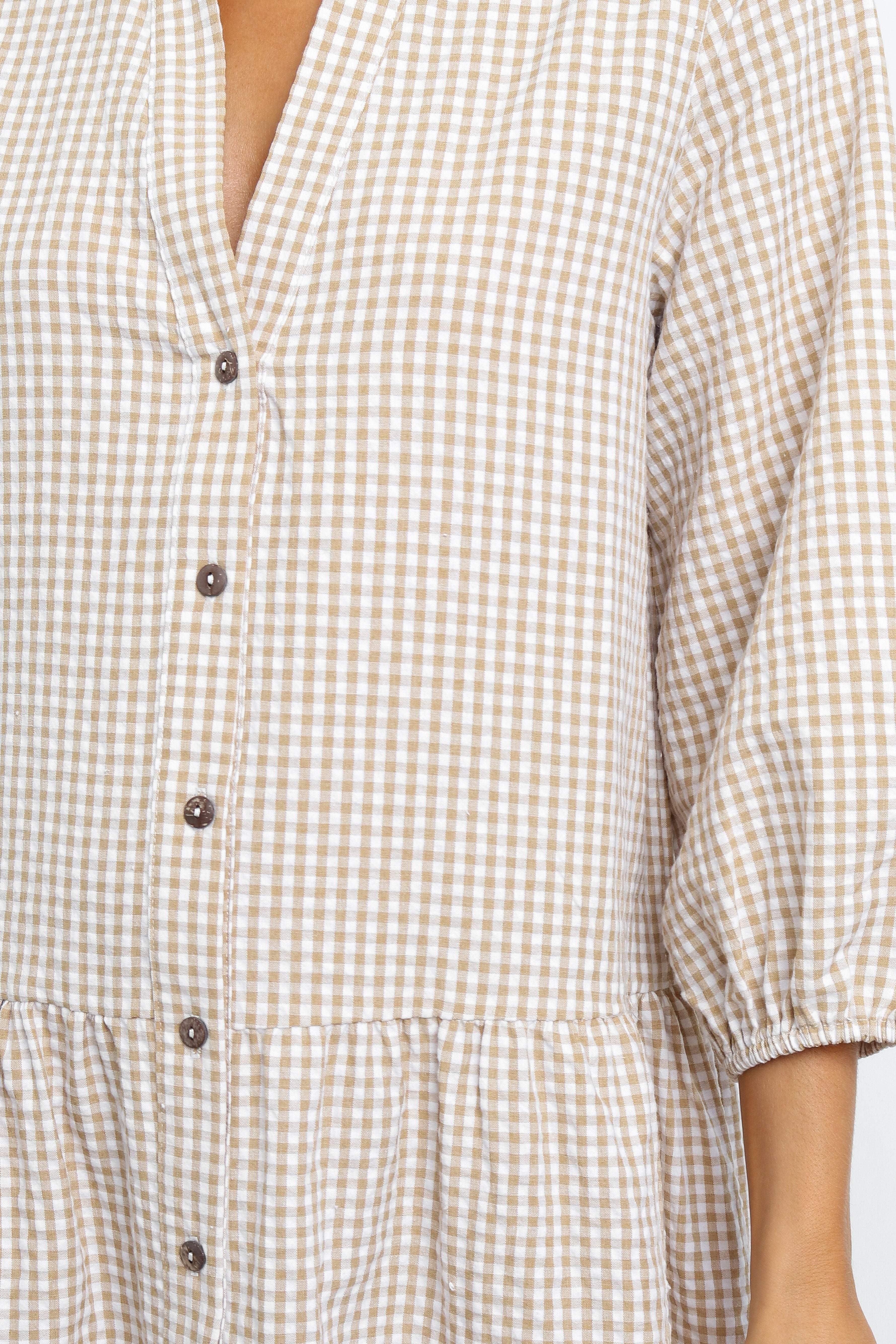 Beige Gingham Daria Dress - Oversized V-Neck Long Sleeve