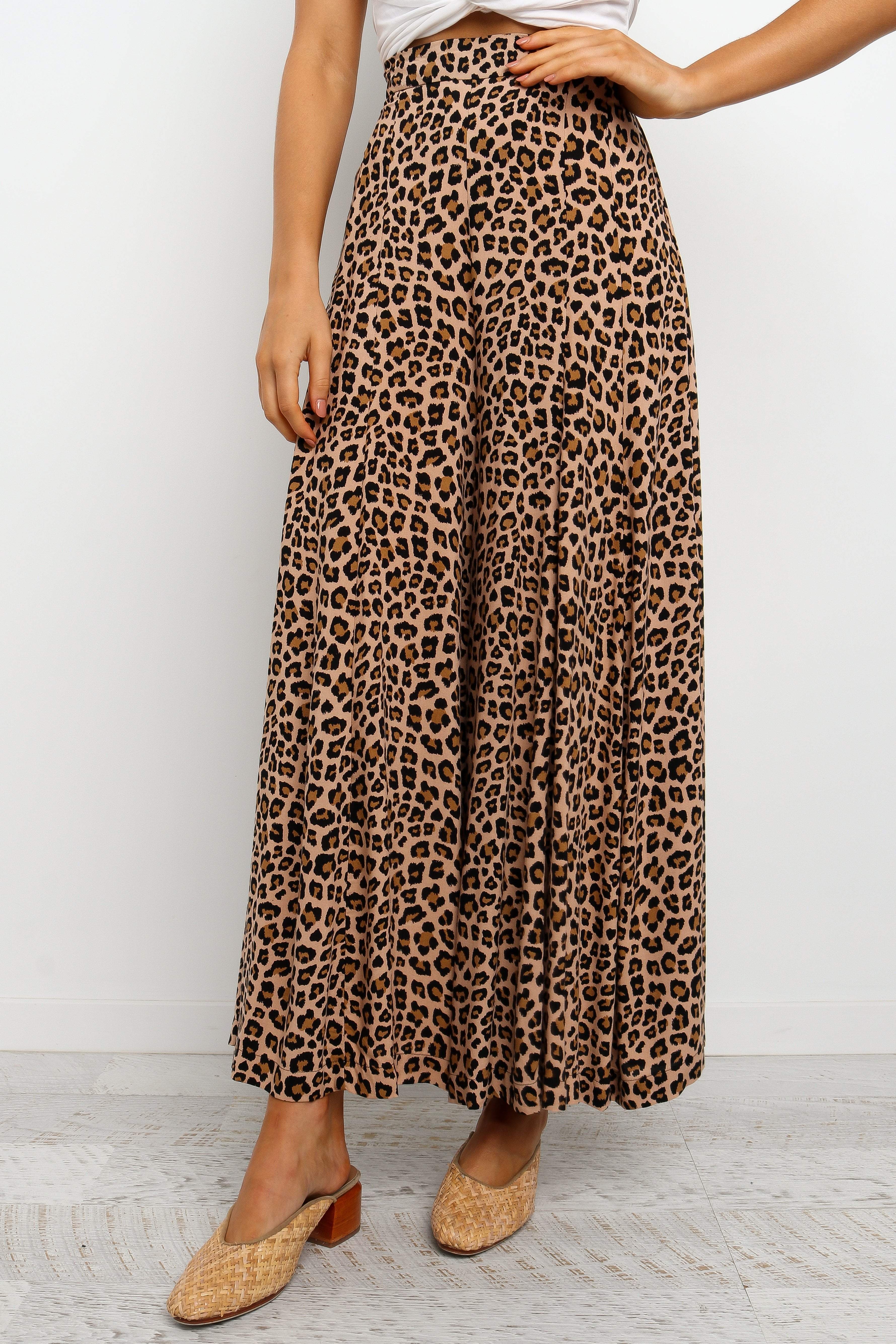 Leopard Print Wide Leg Pants - Ebba Tan Rayon Trousers