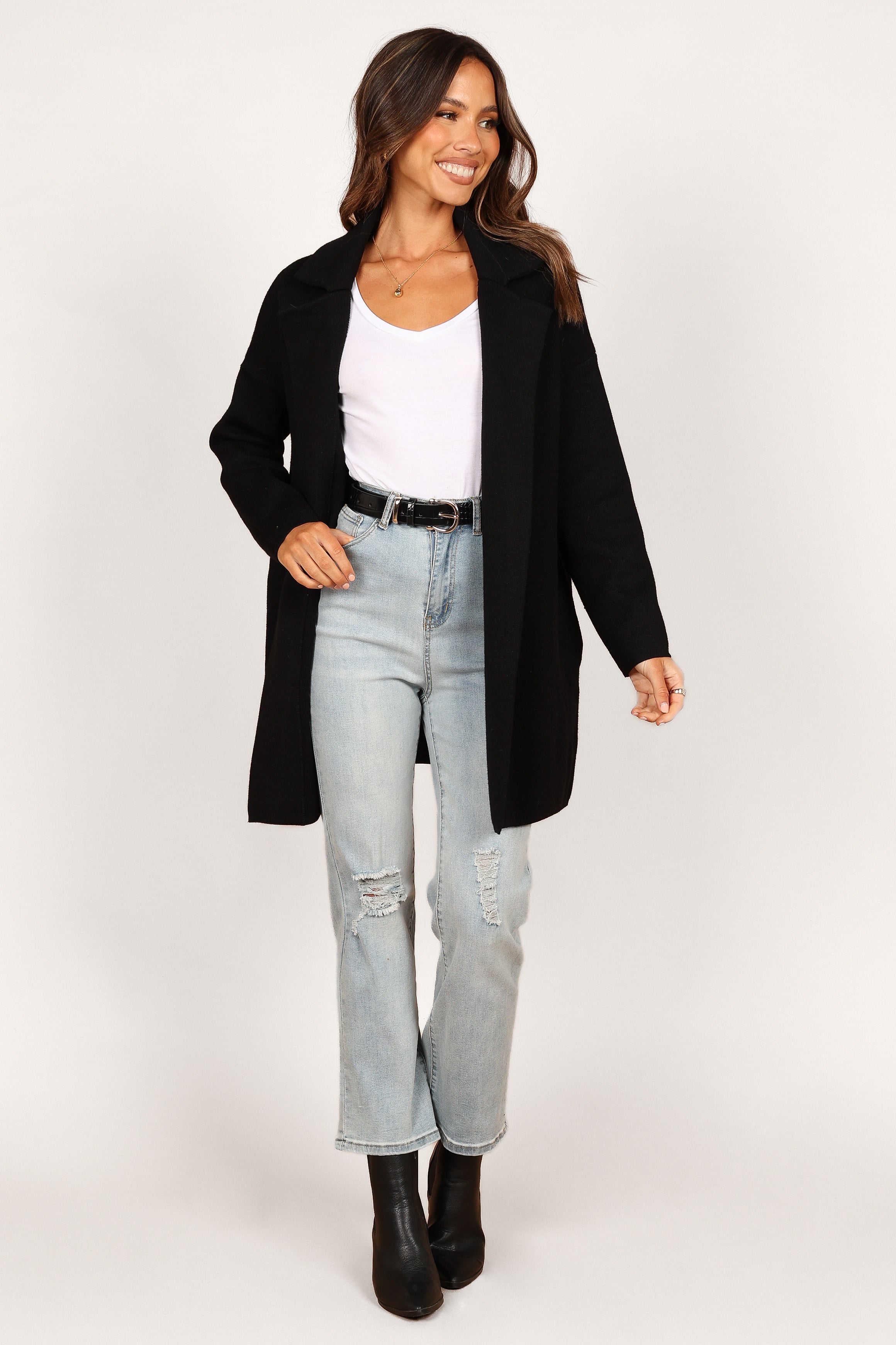 Lenore Black Knit Coatigan with Lapel & Pockets