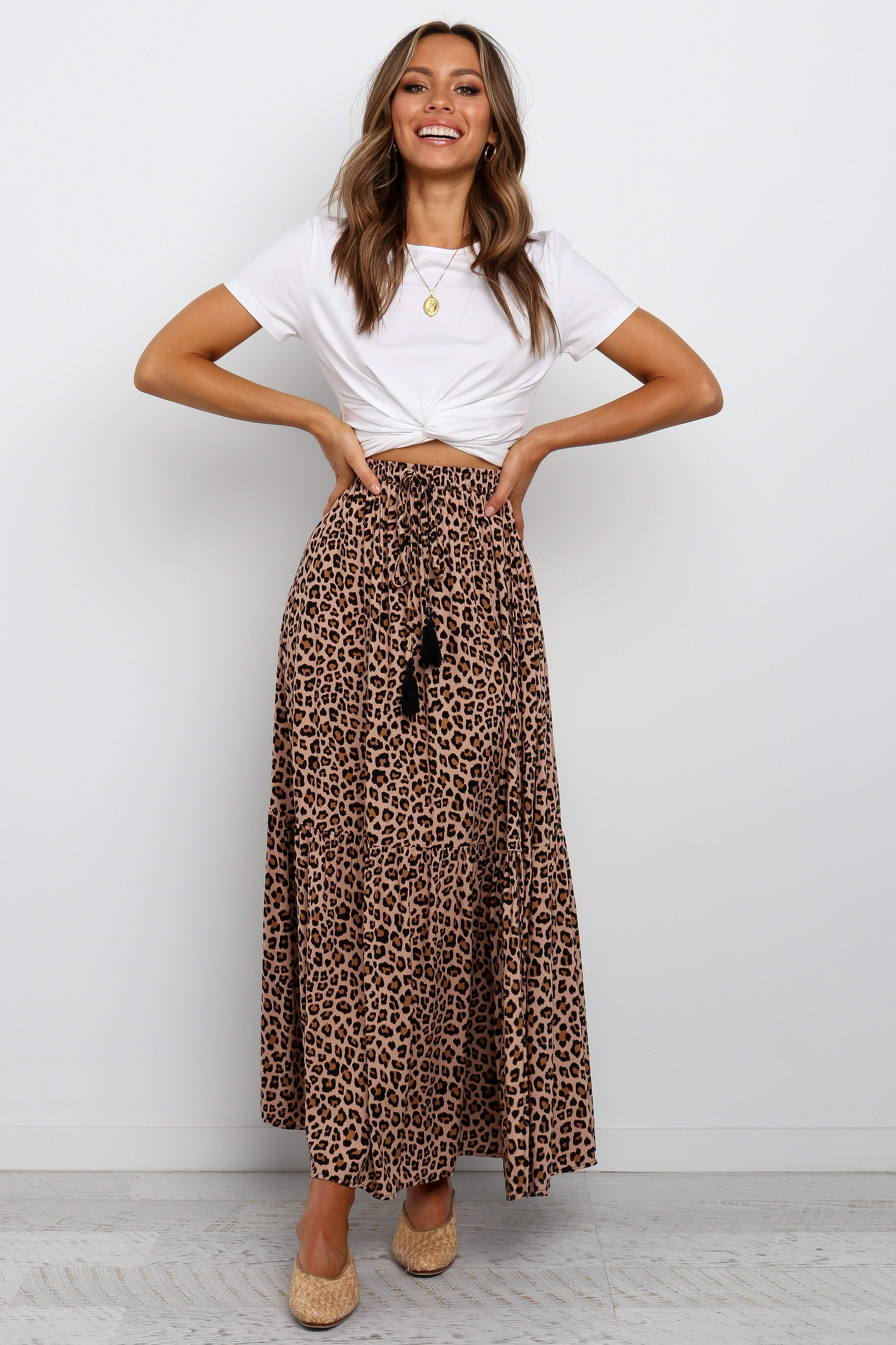 Lauriel Animal Print Maxi Skirt - Tan Rayon with Side Splits