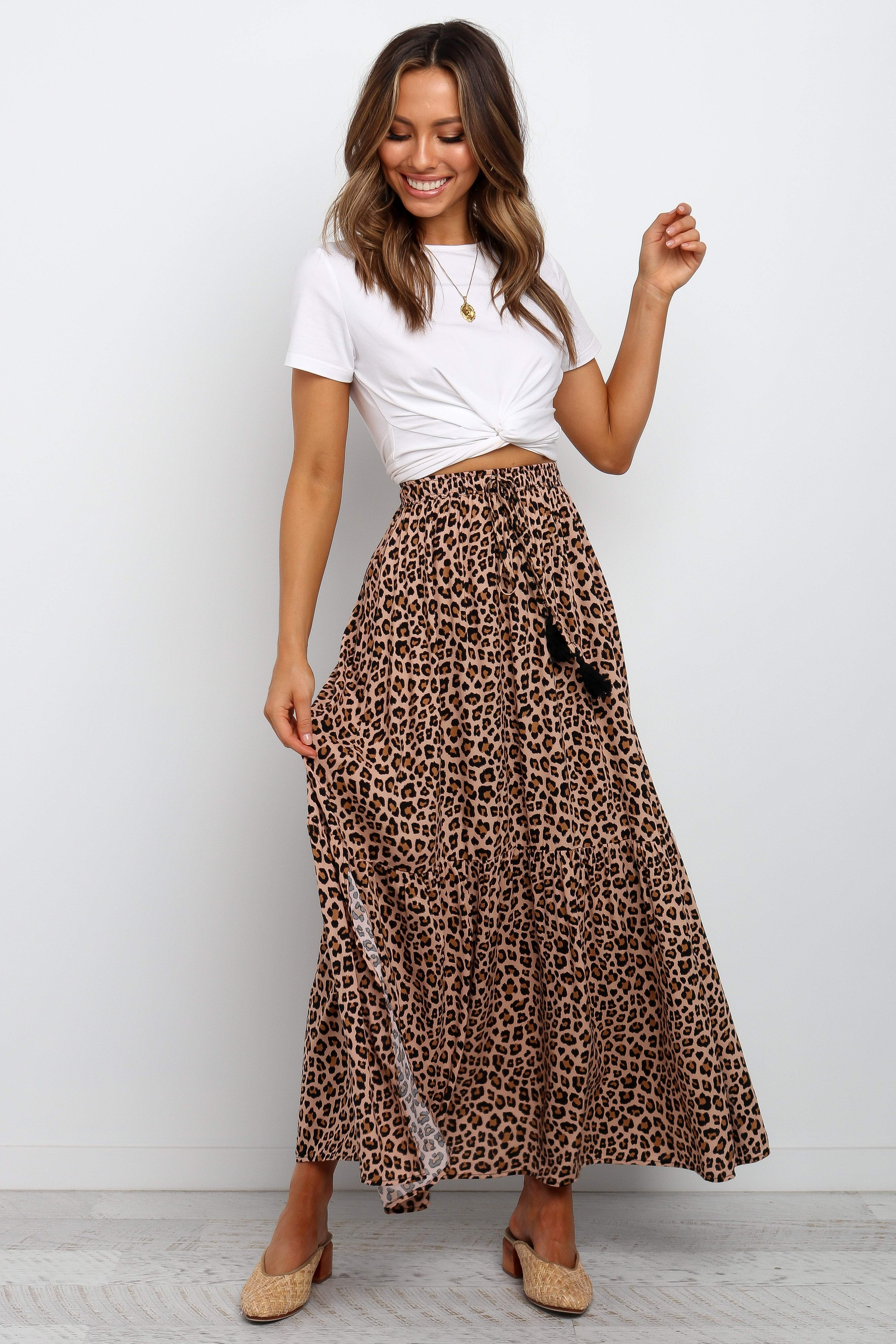 Lauriel Animal Print Maxi Skirt - Tan Rayon with Side Splits