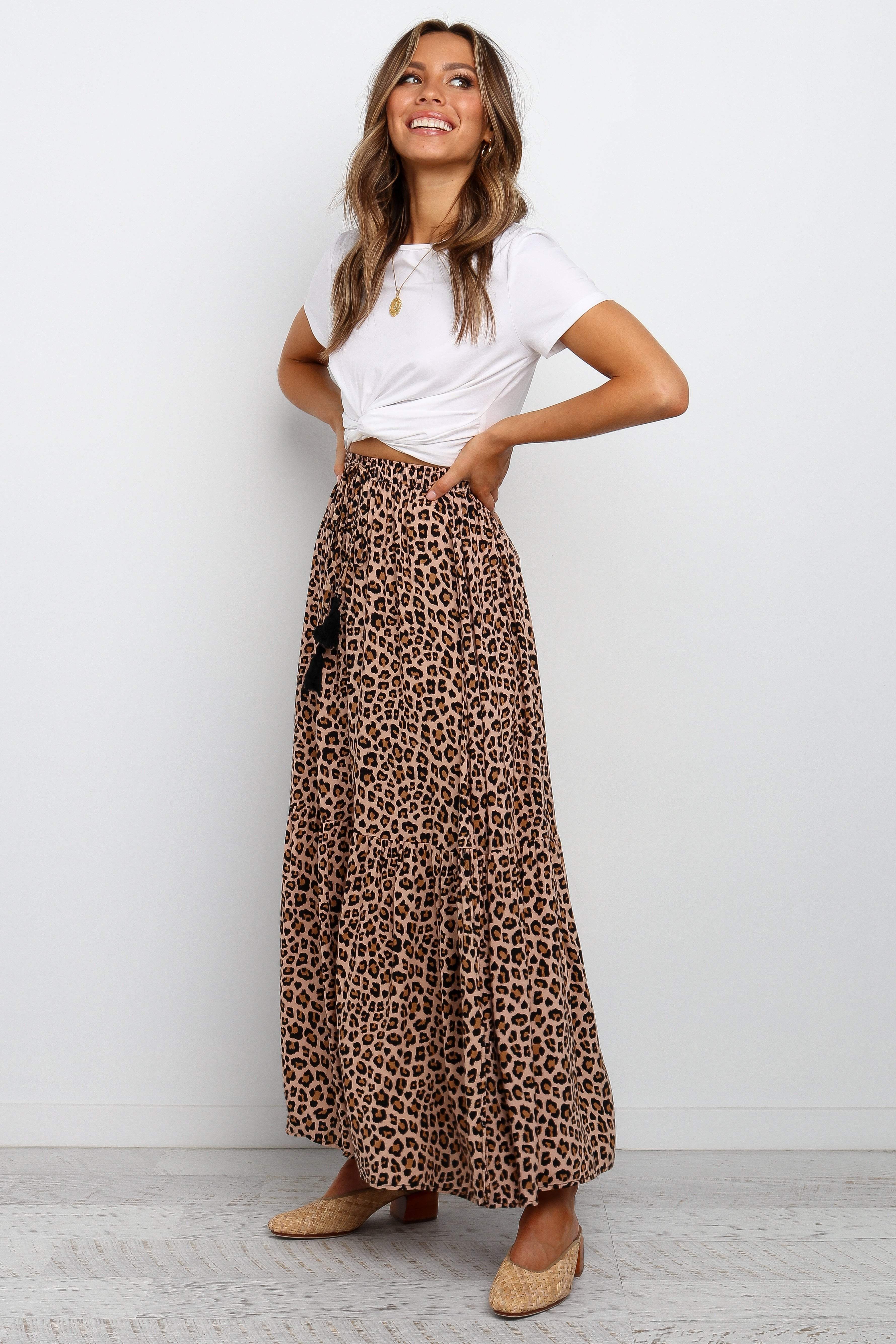 Lauriel Animal Print Maxi Skirt - Tan Rayon with Side Splits