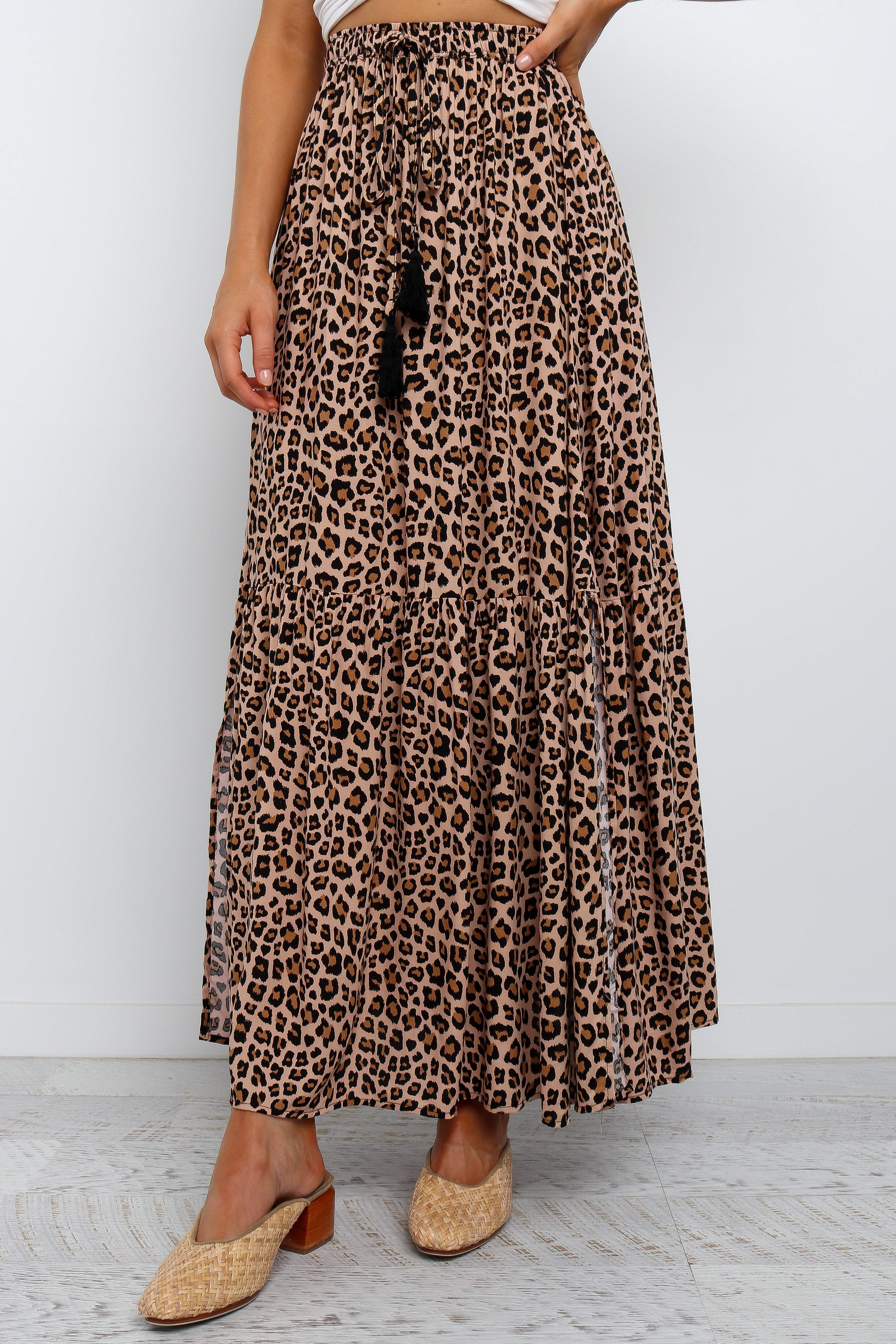 Lauriel Animal Print Maxi Skirt - Tan Rayon with Side Splits