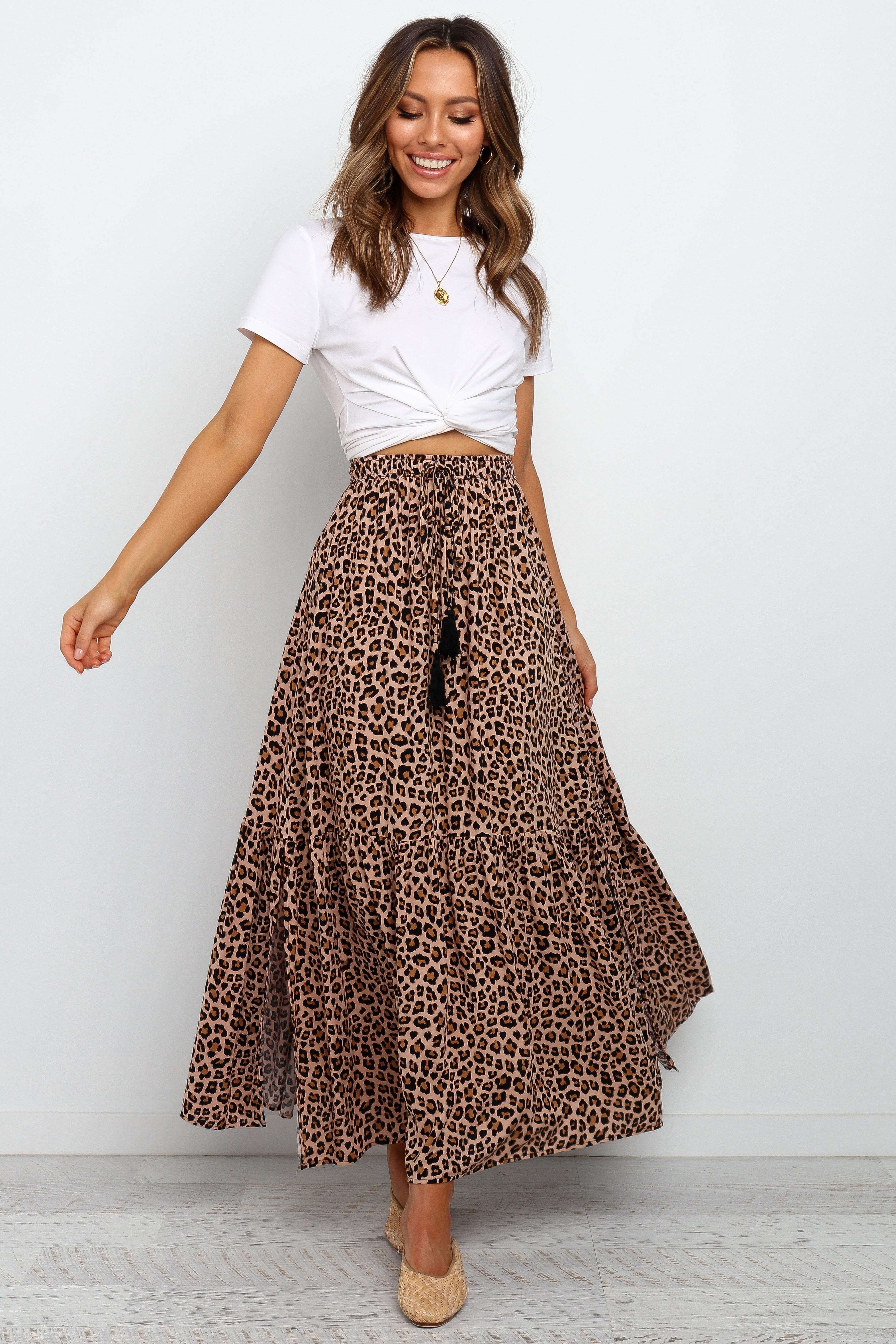 Lauriel Animal Print Maxi Skirt - Tan Rayon with Side Splits
