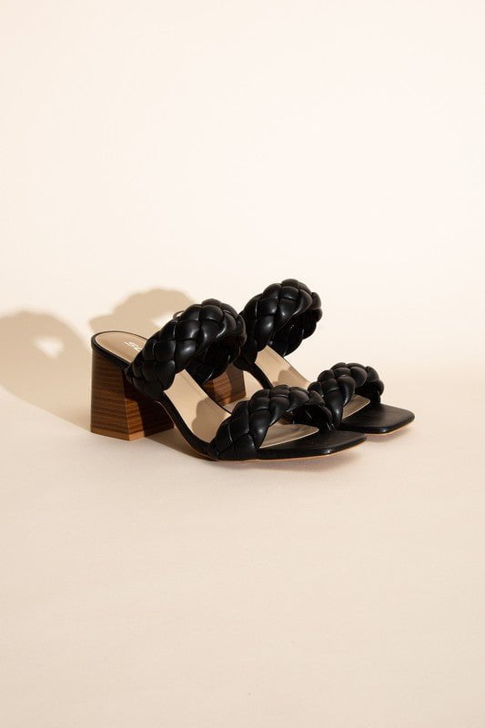 Braided Strap Heeled Sandals - Black Slip-On Square Toe