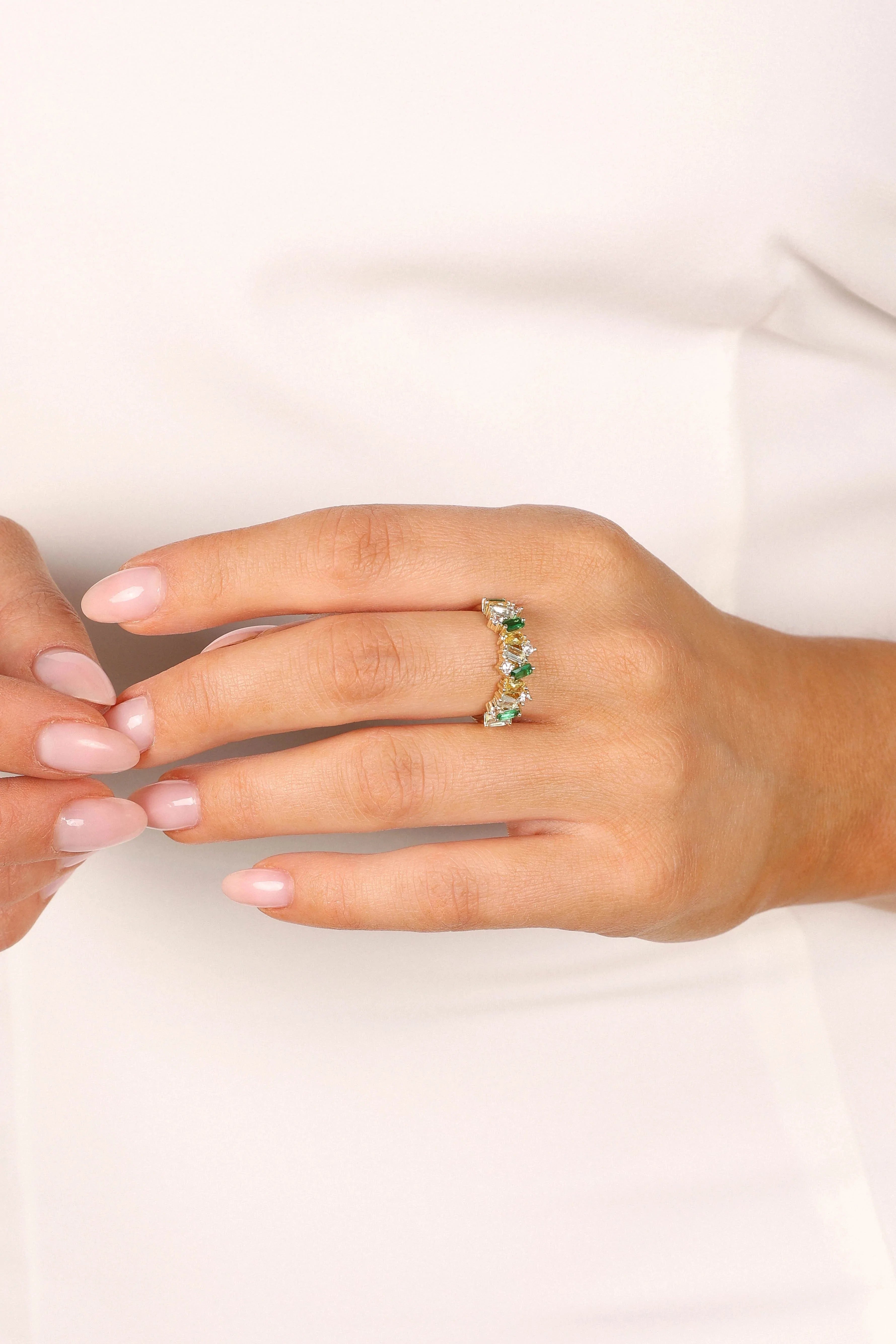 Gold and Green Pinot Open Design Ring - Slim Brass Band with Zircon