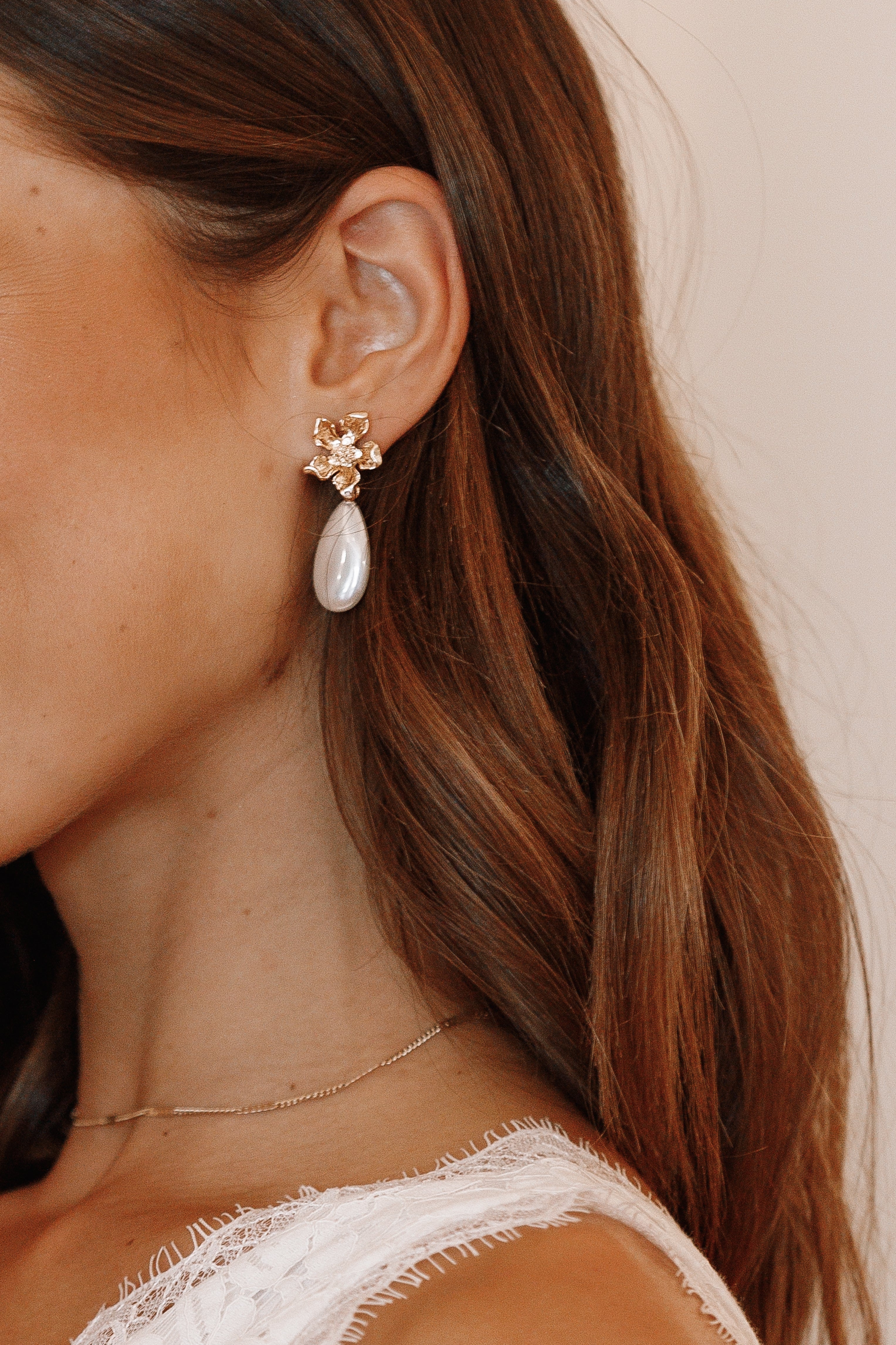 Everly Gold Pearl Drop Earrings - Floral Design