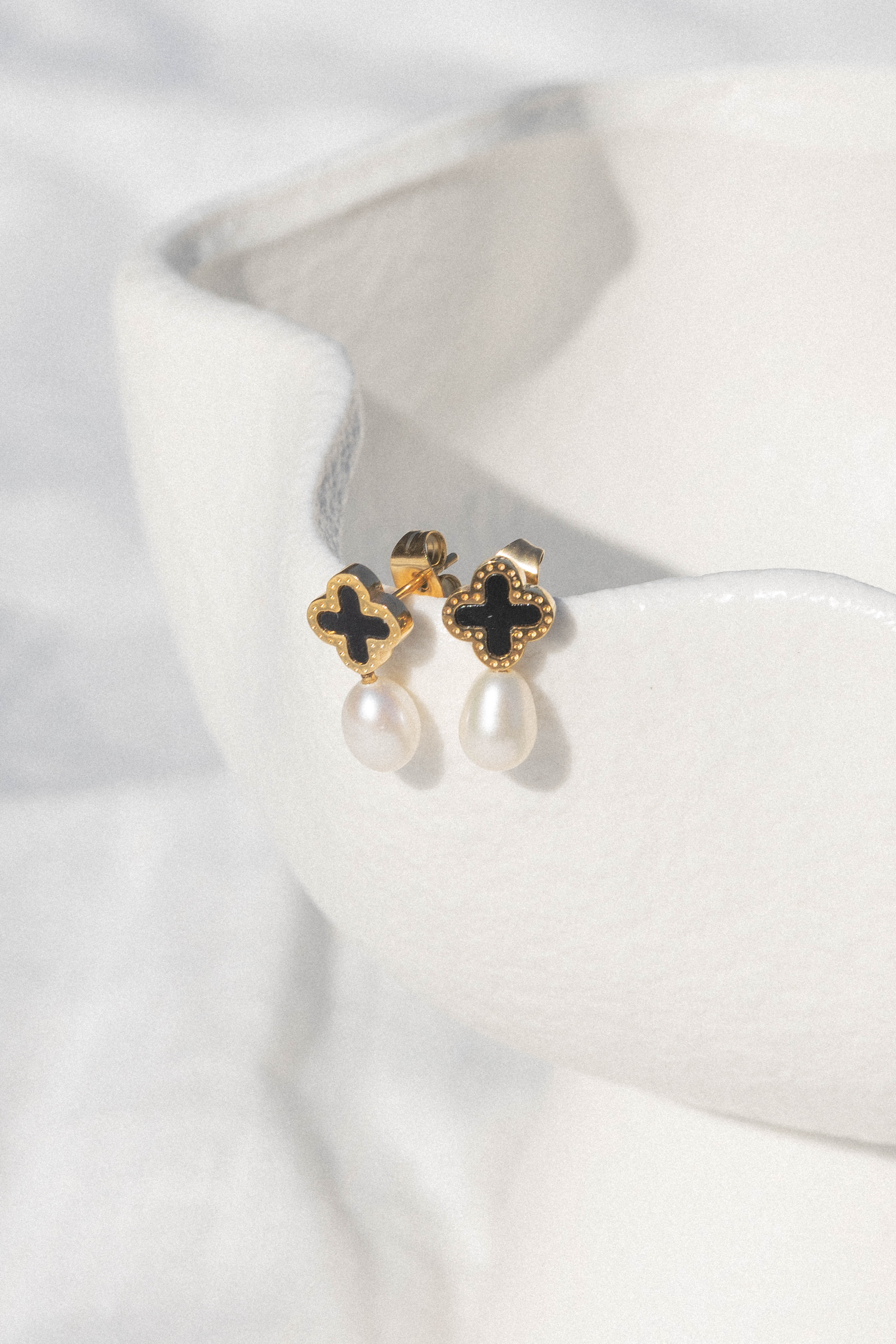 Black Pearl Drop Earrings with Cross Detail - Gold Plated