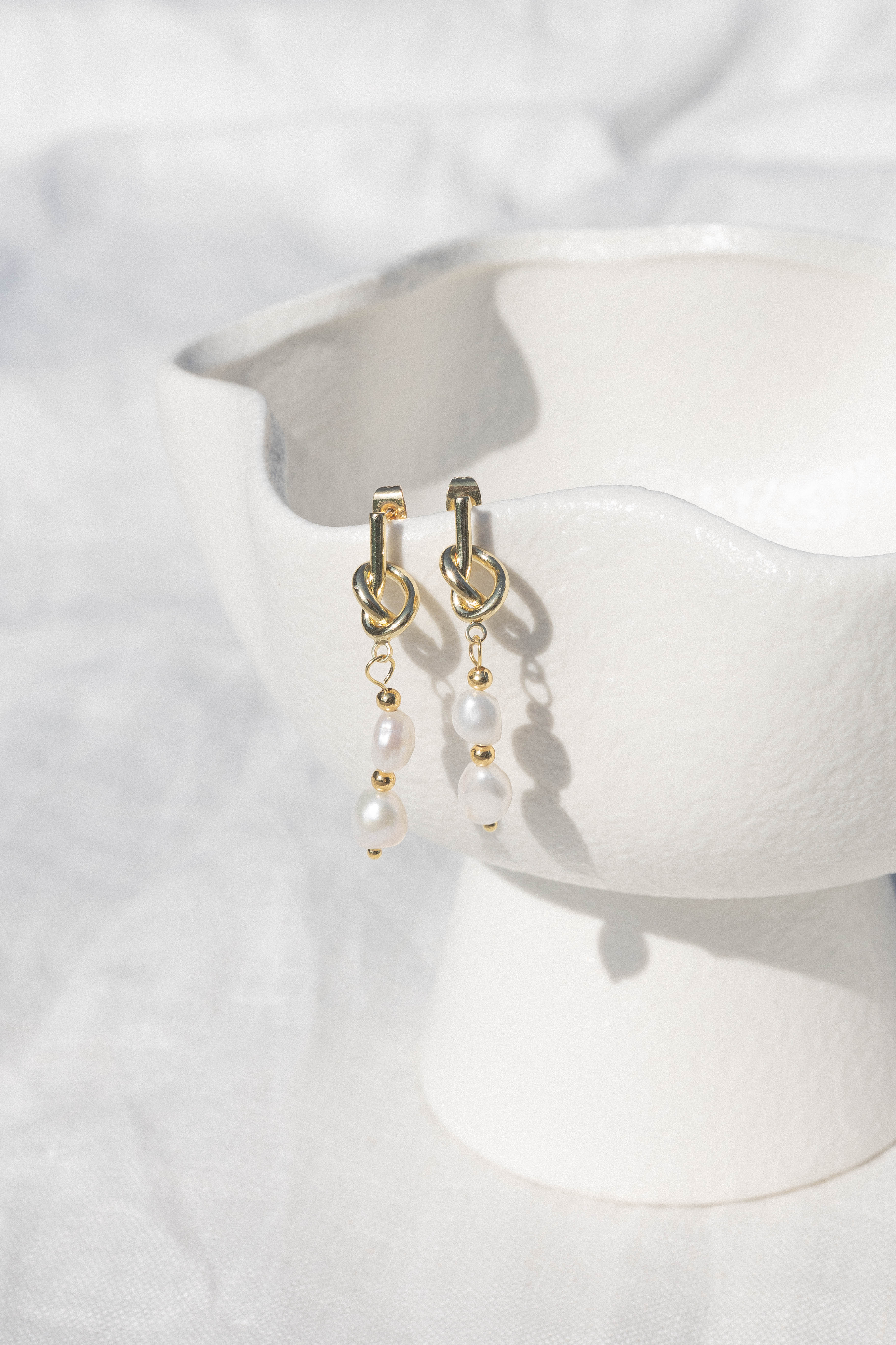 Gold Knot Pearl Drop Earrings – Faux Pearl & Gold Plated Studs