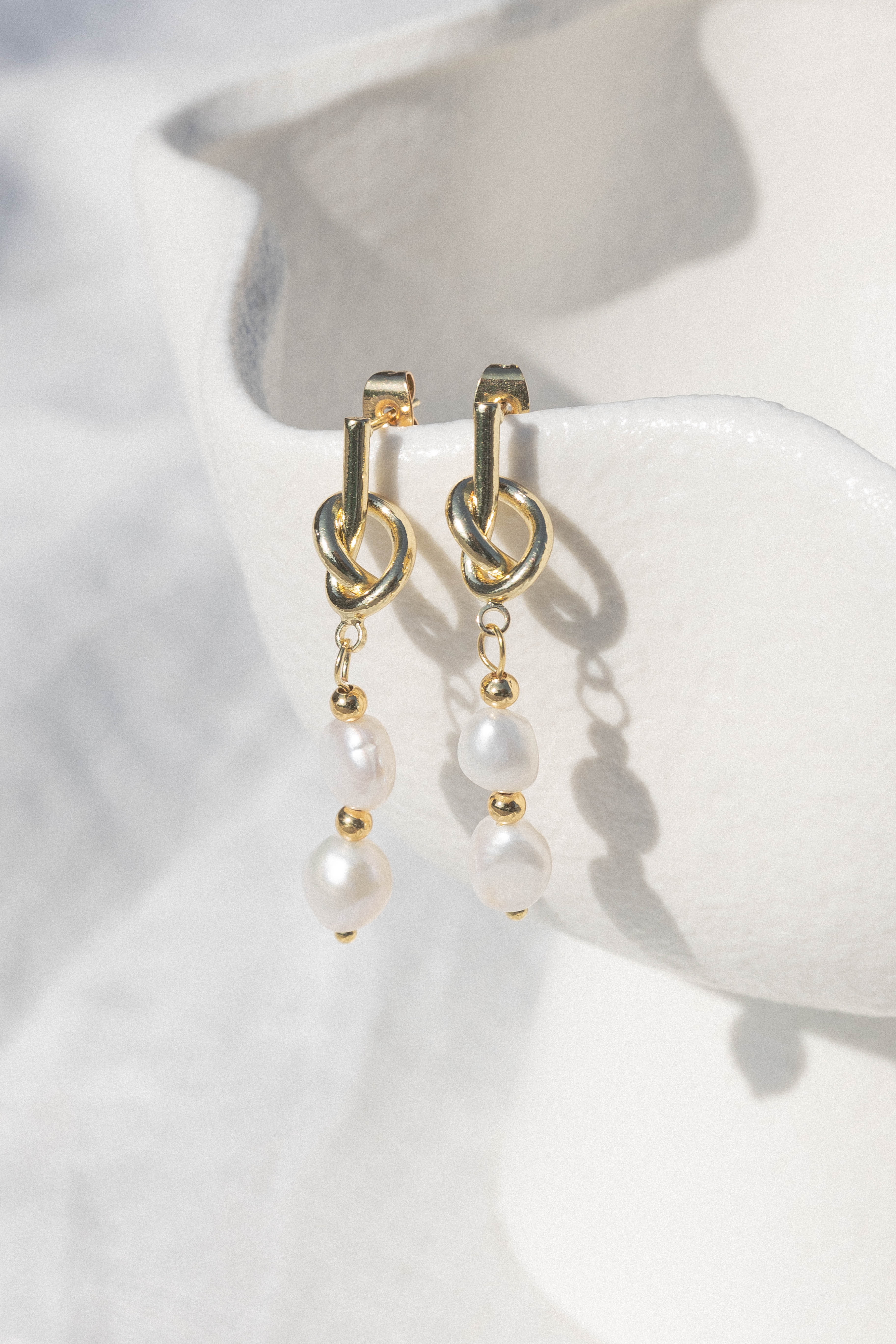 Gold Knot Pearl Drop Earrings – Faux Pearl & Gold Plated Studs