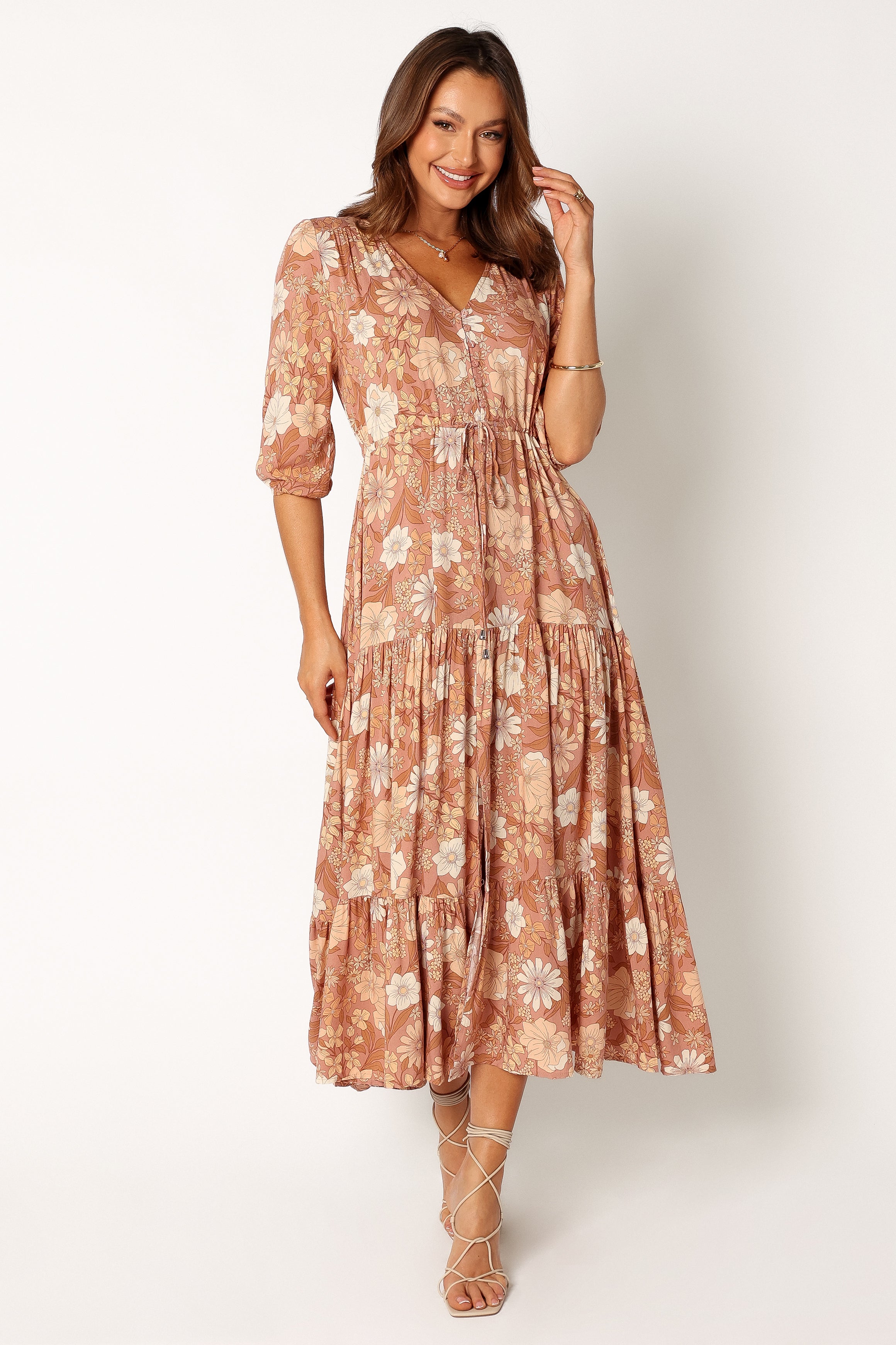 Floral Maxi Dress with V-Neck & Waist Tie - Kelda Tan Rayon