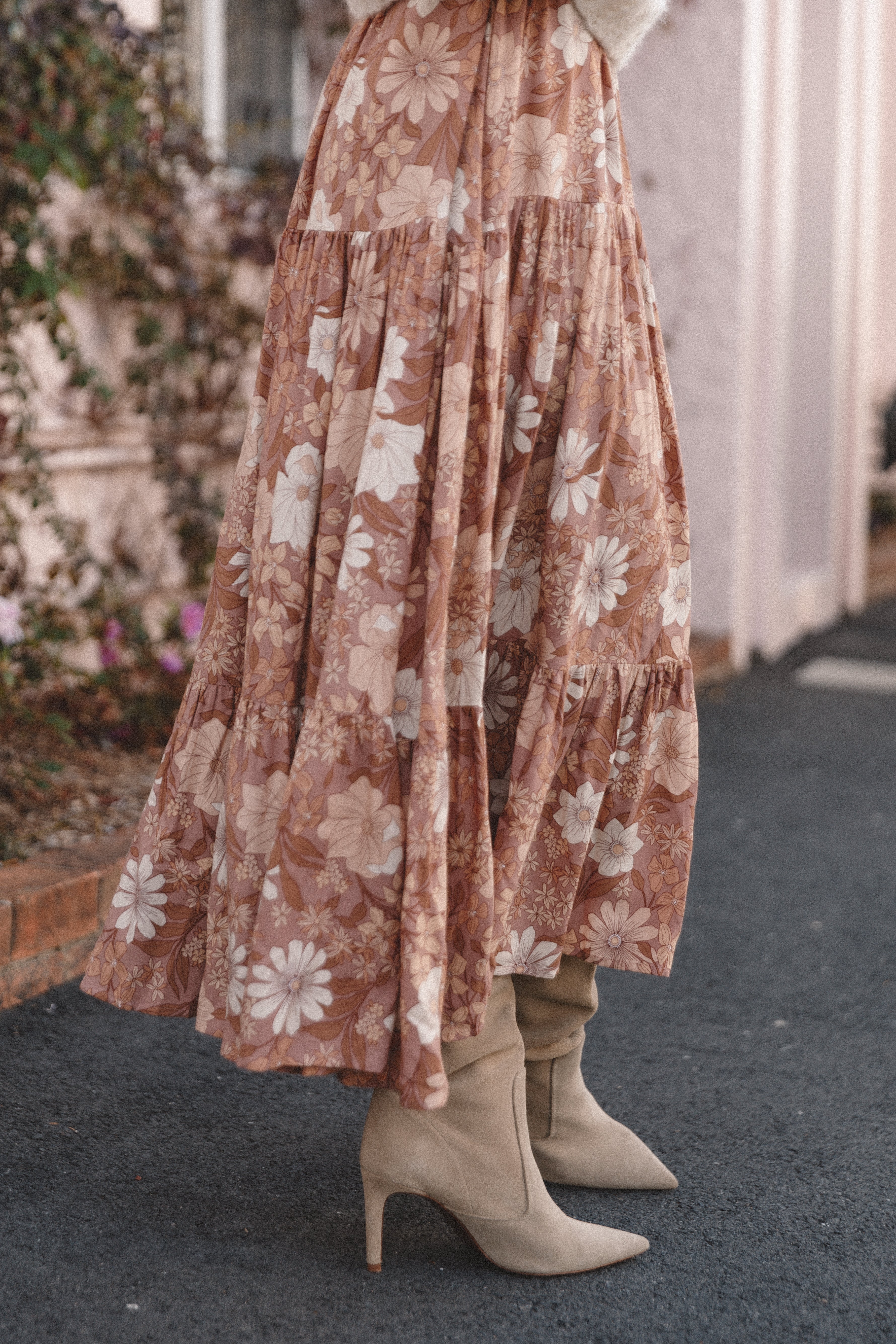 Floral Maxi Dress with V-Neck & Waist Tie - Kelda Tan Rayon
