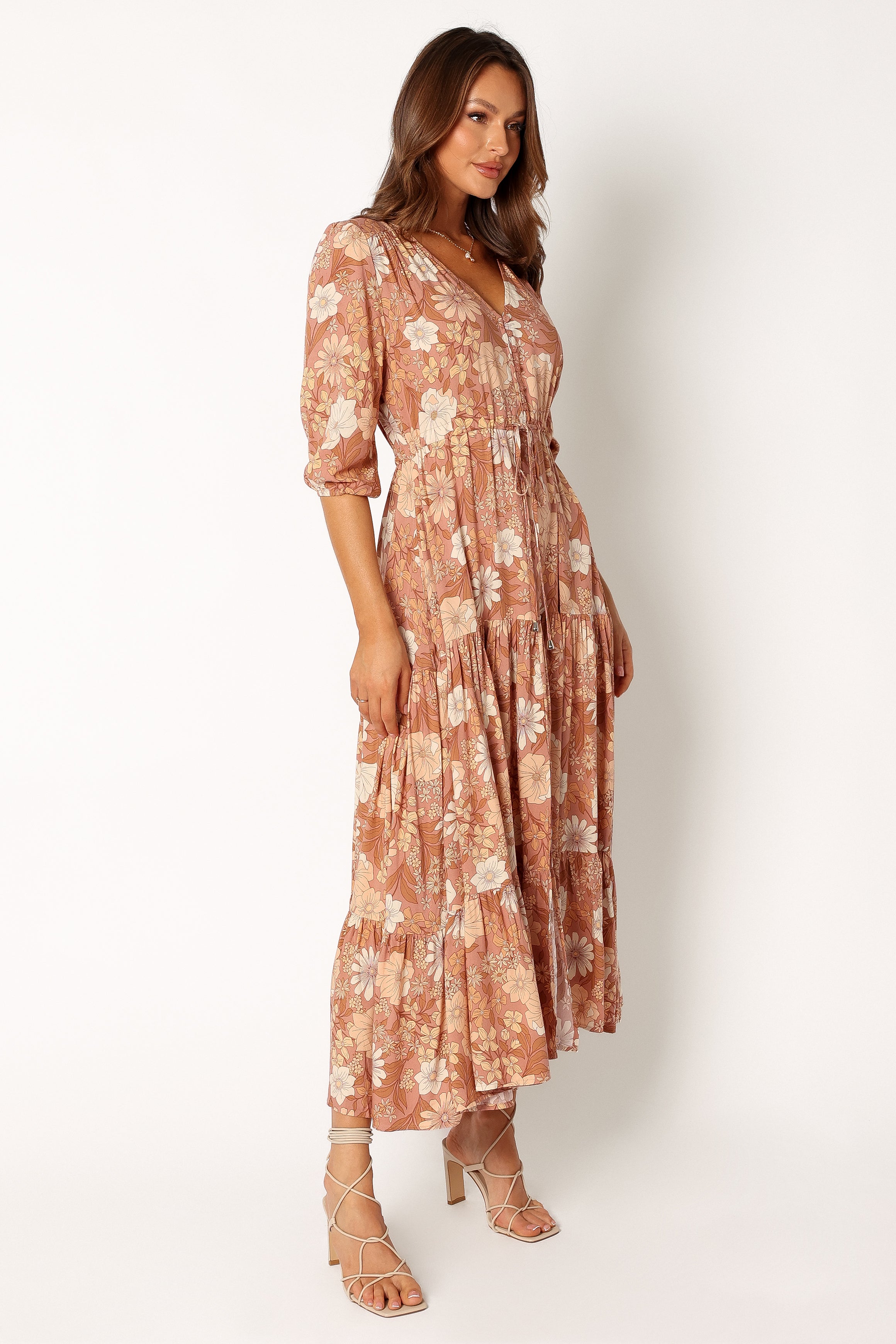 Floral Maxi Dress with V-Neck & Waist Tie - Kelda Tan Rayon