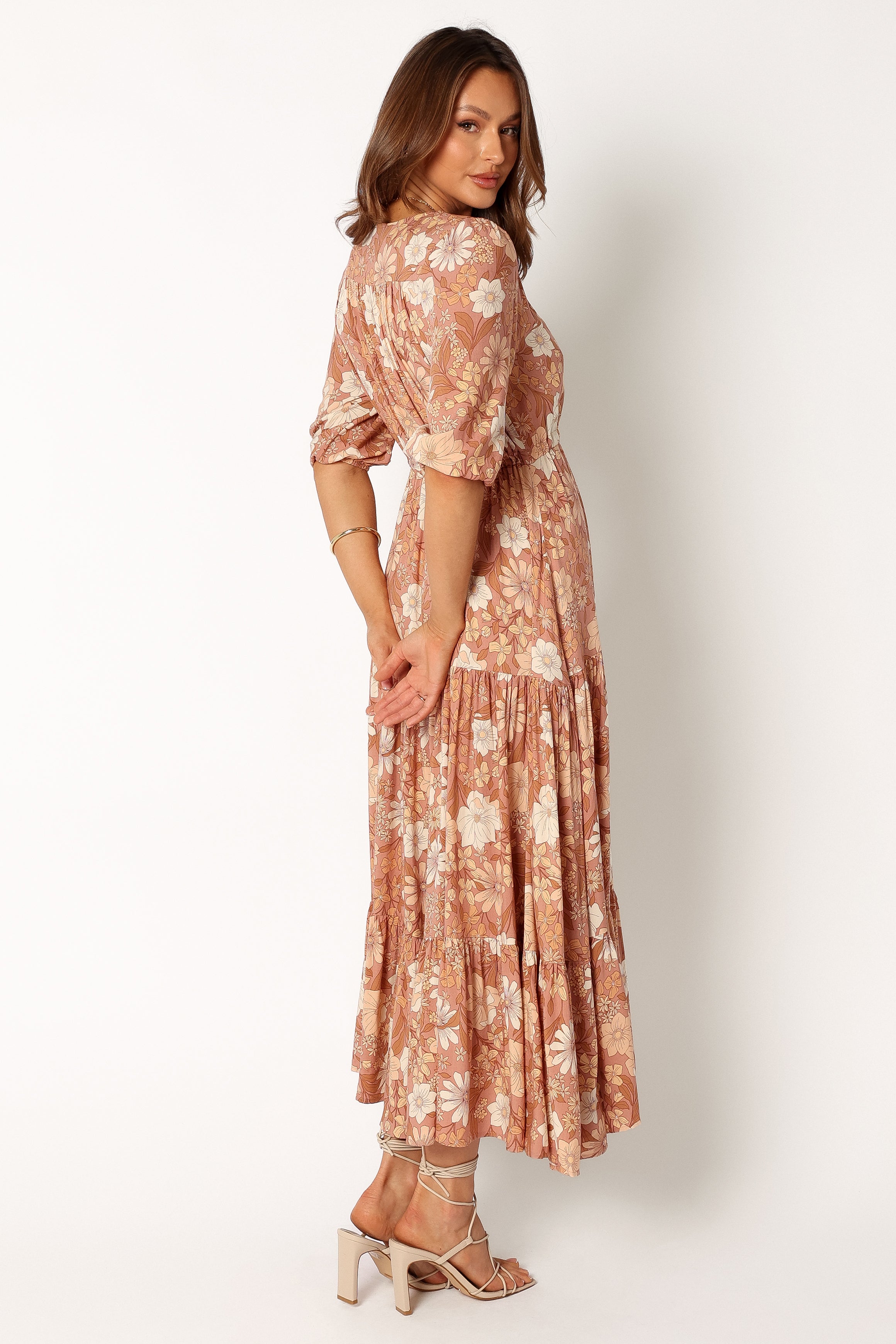 Floral Maxi Dress with V-Neck & Waist Tie - Kelda Tan Rayon