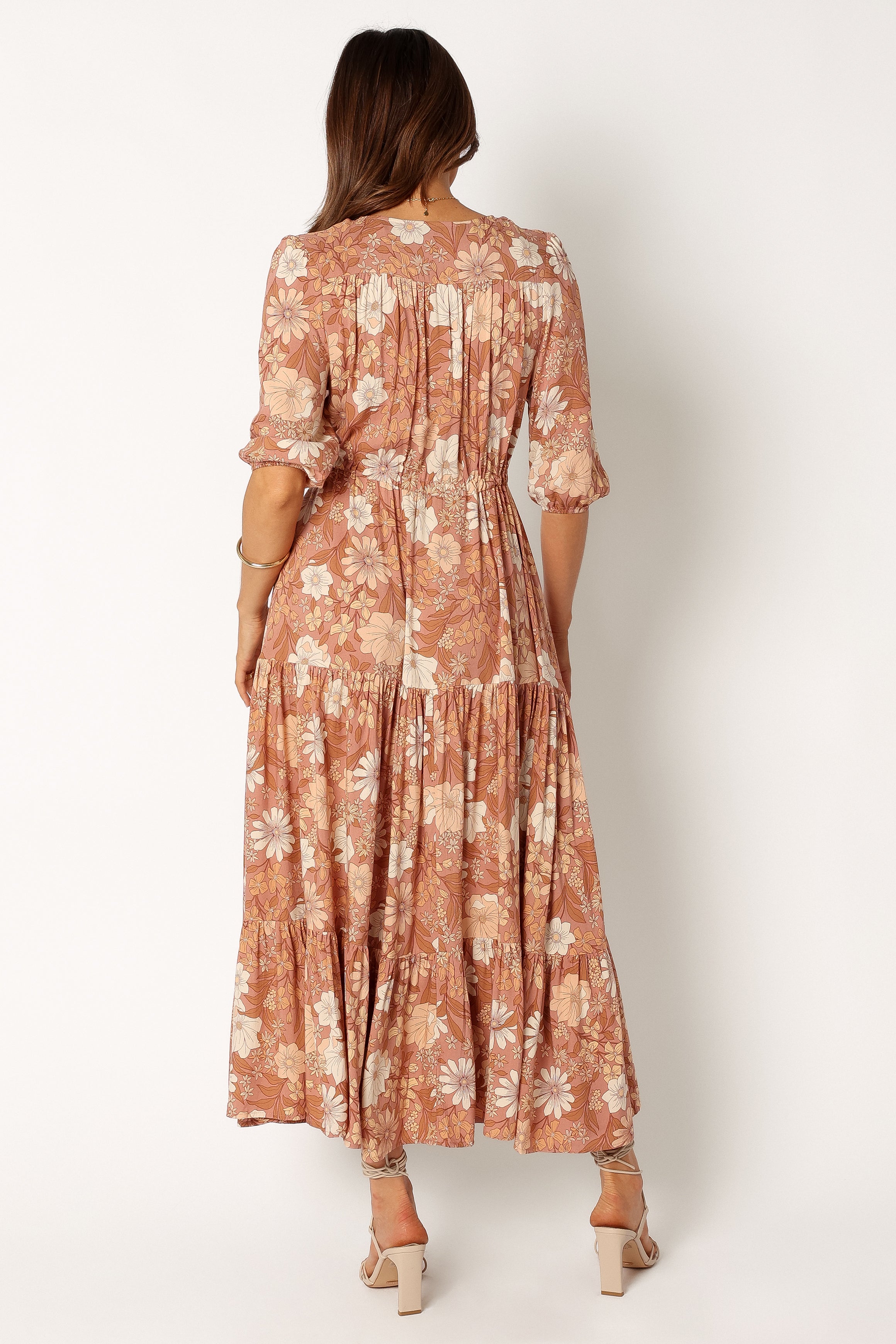 Floral Maxi Dress with V-Neck & Waist Tie - Kelda Tan Rayon