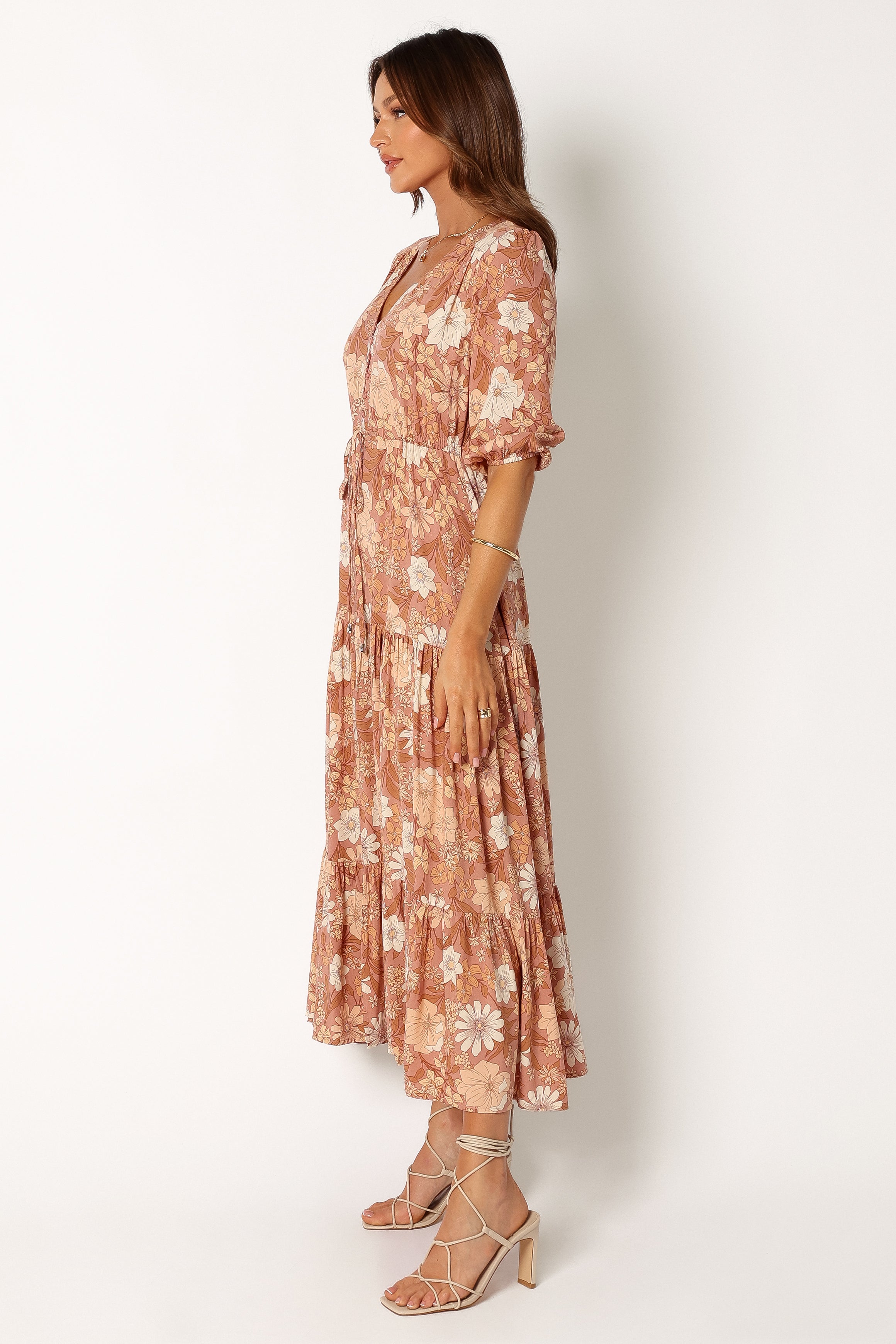 Floral Maxi Dress with V-Neck & Waist Tie - Kelda Tan Rayon