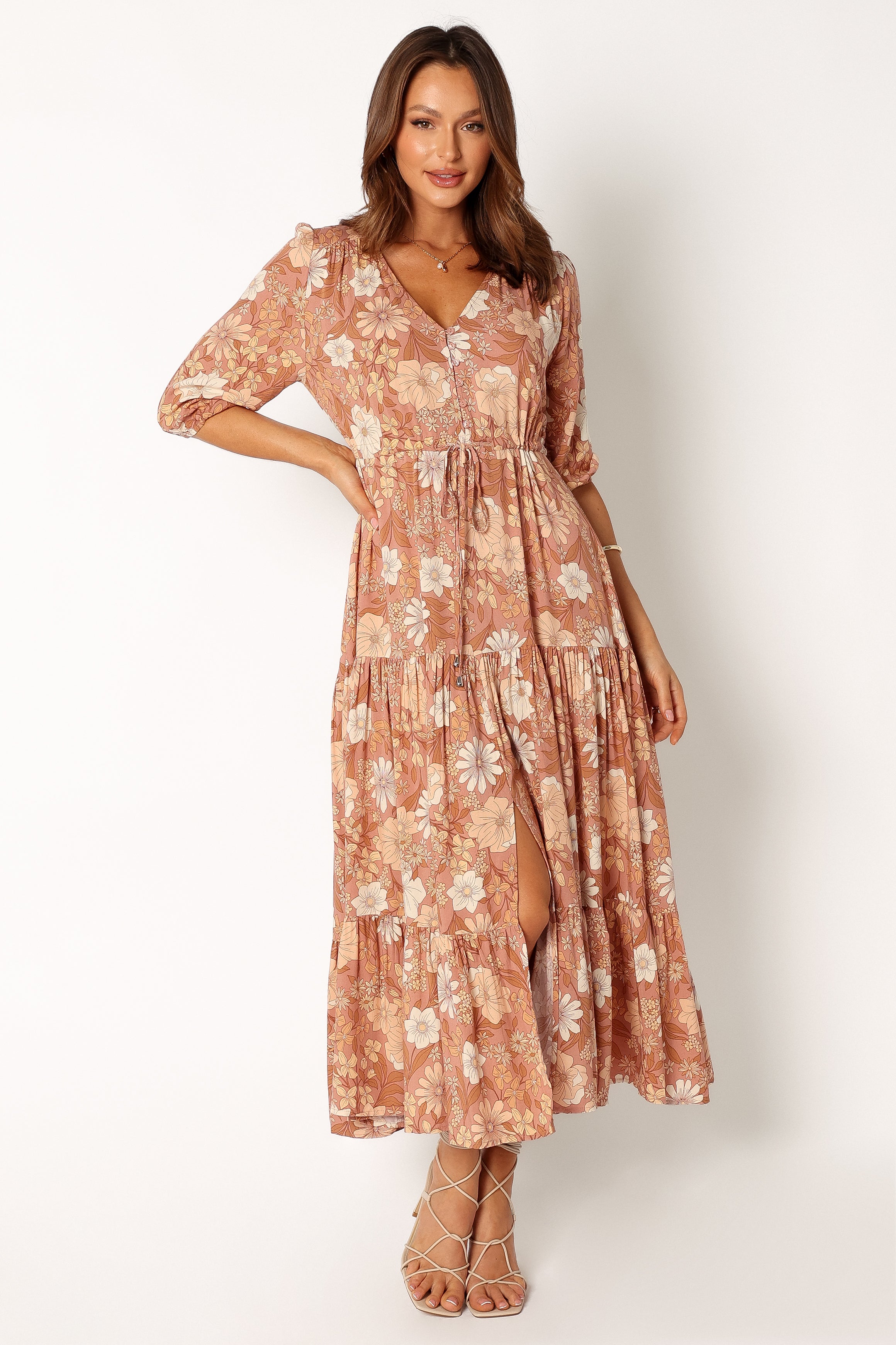 Floral Maxi Dress with V-Neck & Waist Tie - Kelda Tan Rayon