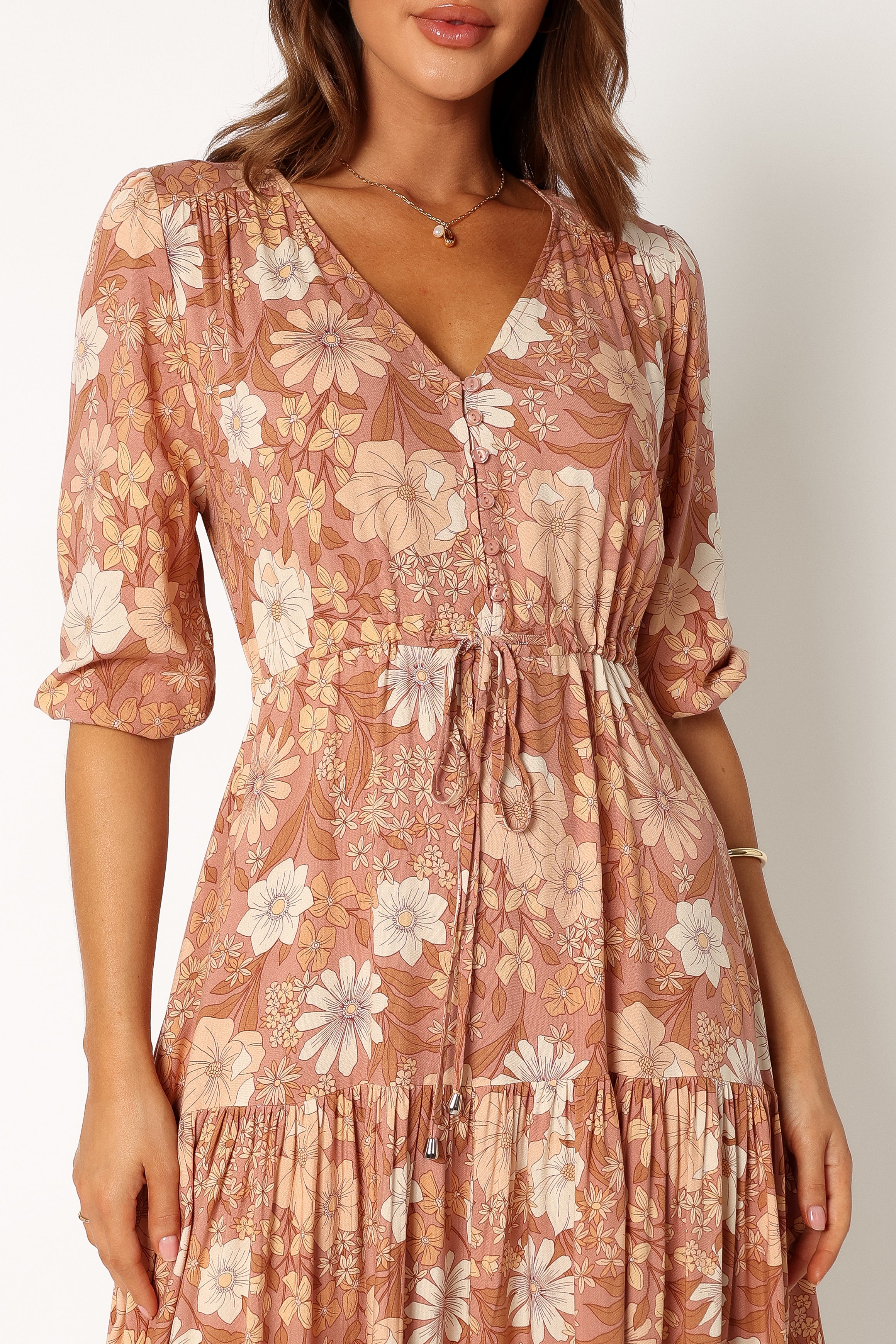 Floral Maxi Dress with V-Neck & Waist Tie - Kelda Tan Rayon
