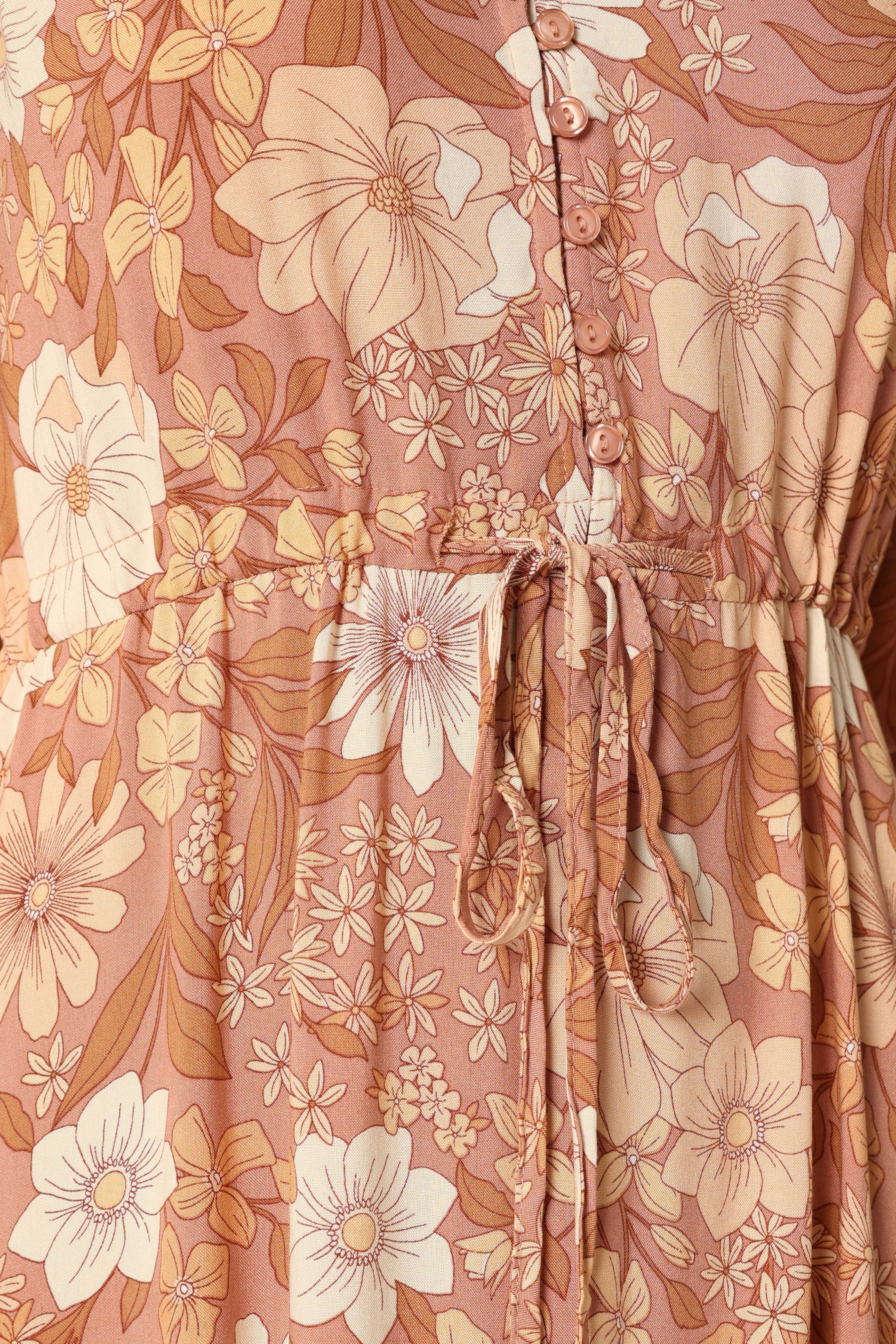 Floral Maxi Dress with V-Neck & Waist Tie - Kelda Tan Rayon