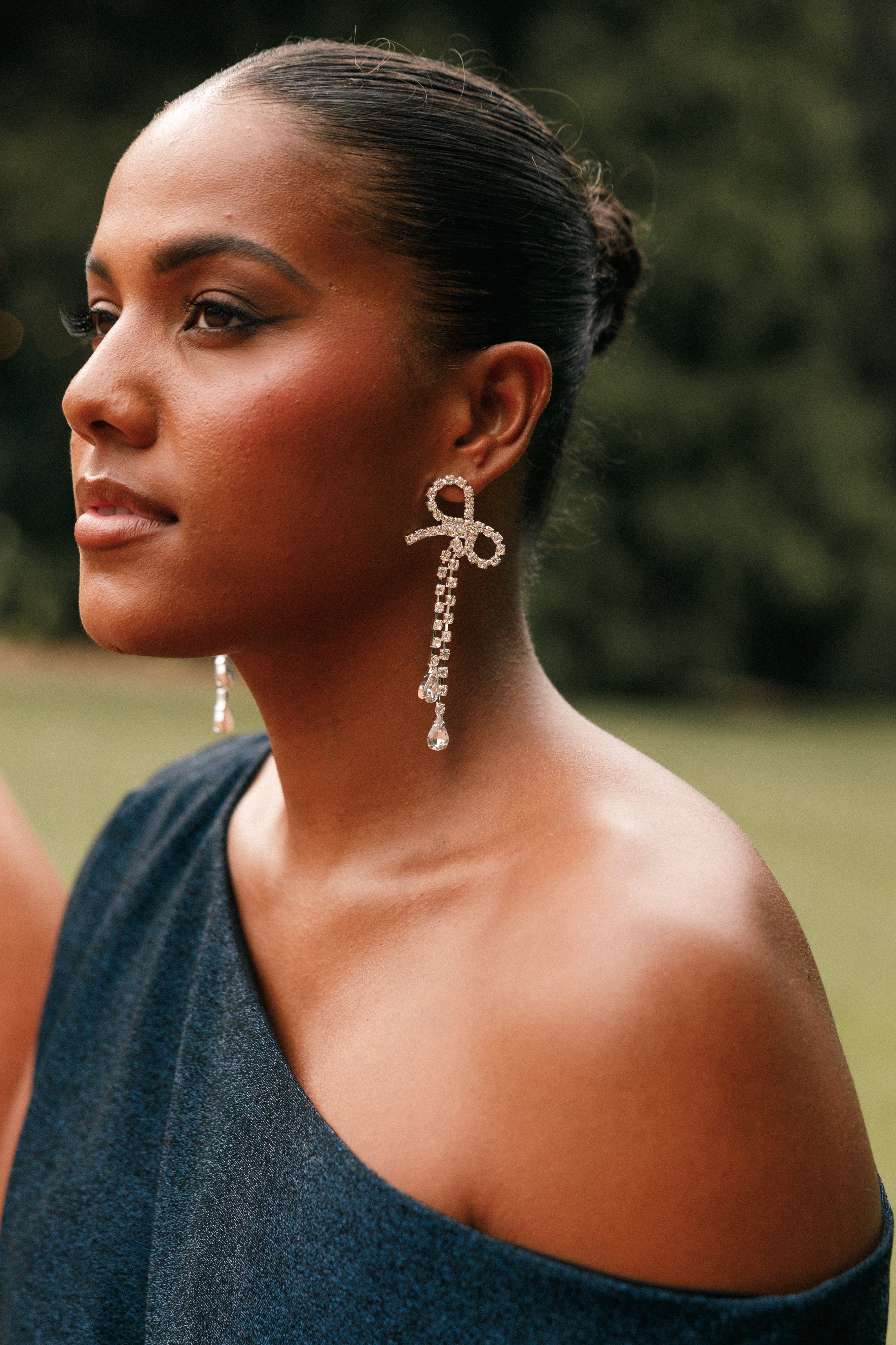 Silver Bow Drop Earrings - Ainsley Rhinestone Studs