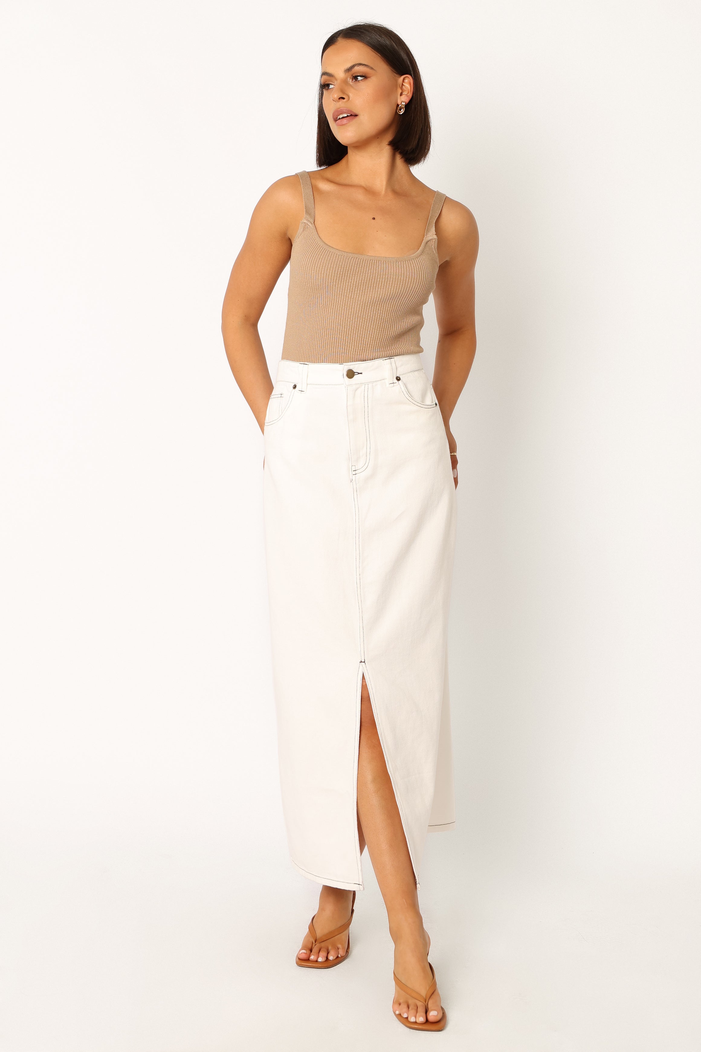 White Denim Midi Skirt by Rana - Front Zip & Button Close