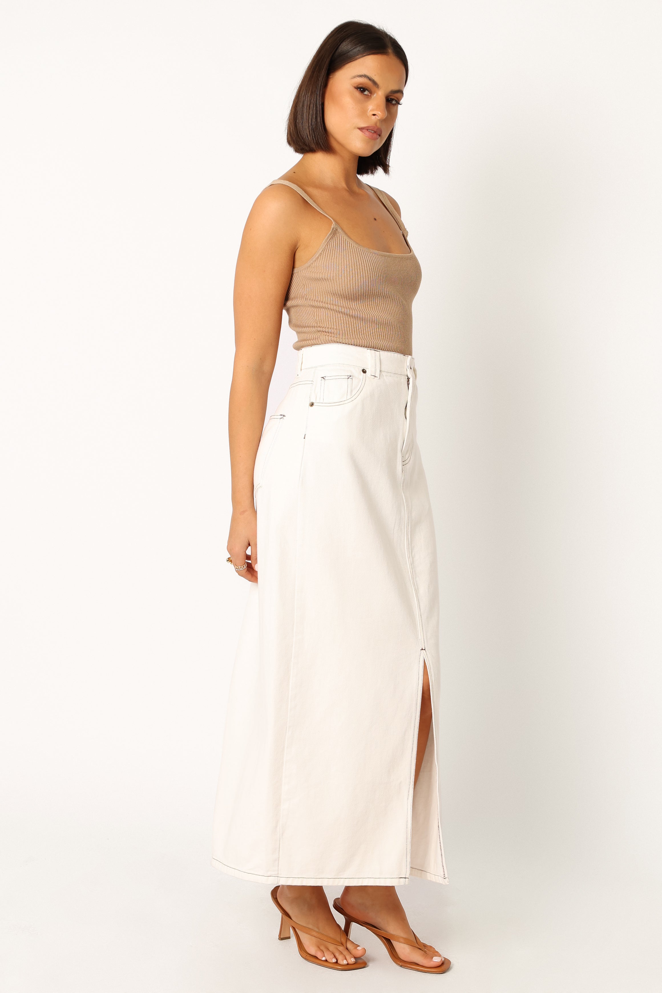 White Denim Midi Skirt by Rana - Front Zip & Button Close