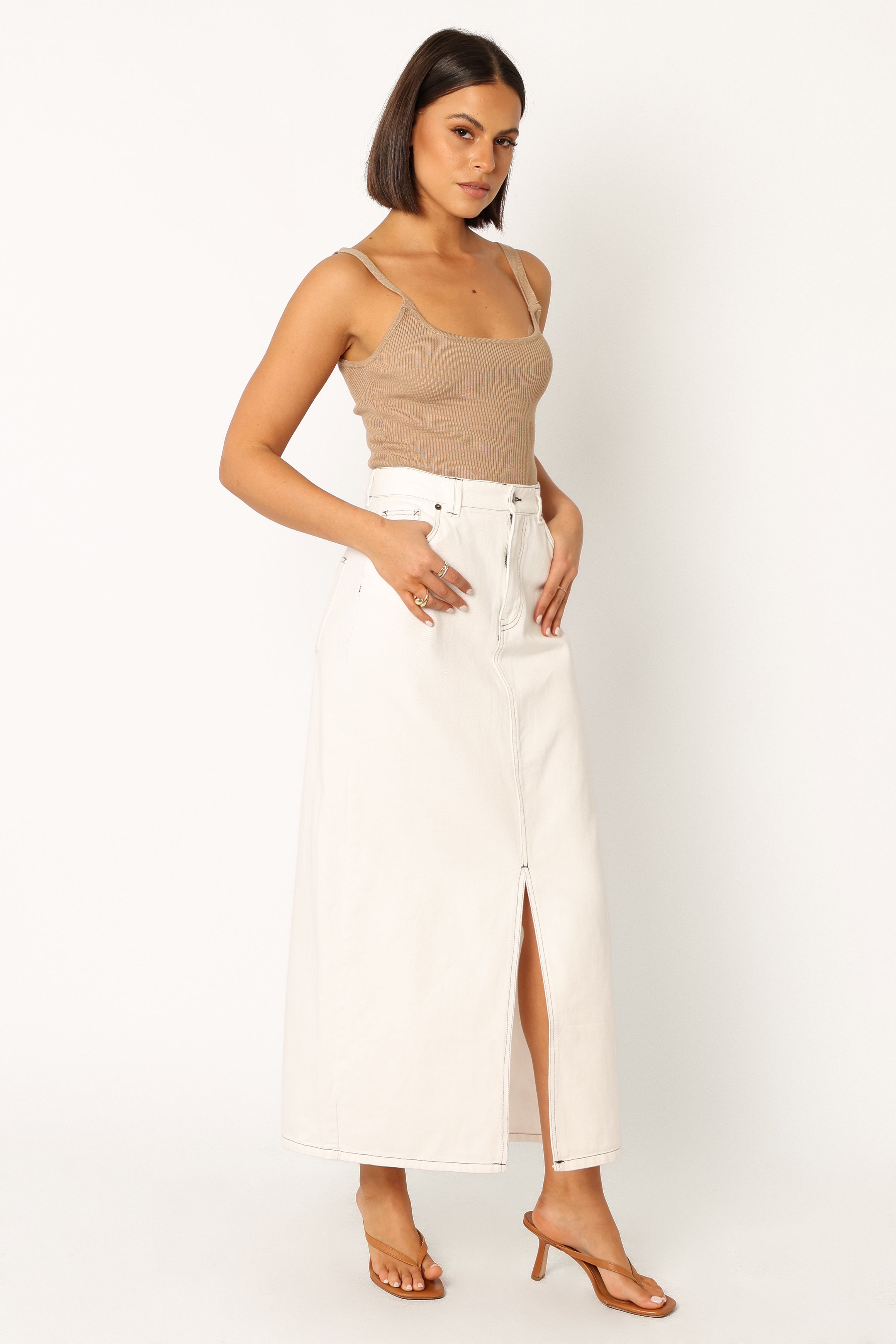 White Denim Midi Skirt by Rana - Front Zip & Button Close