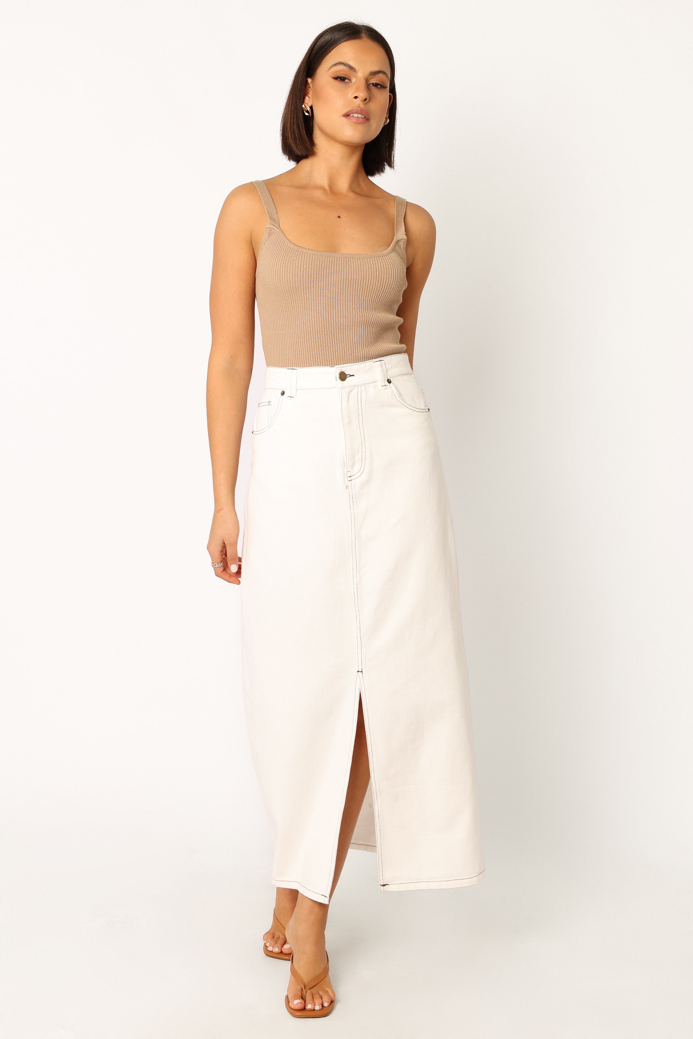 White Denim Midi Skirt by Rana - Front Zip & Button Close