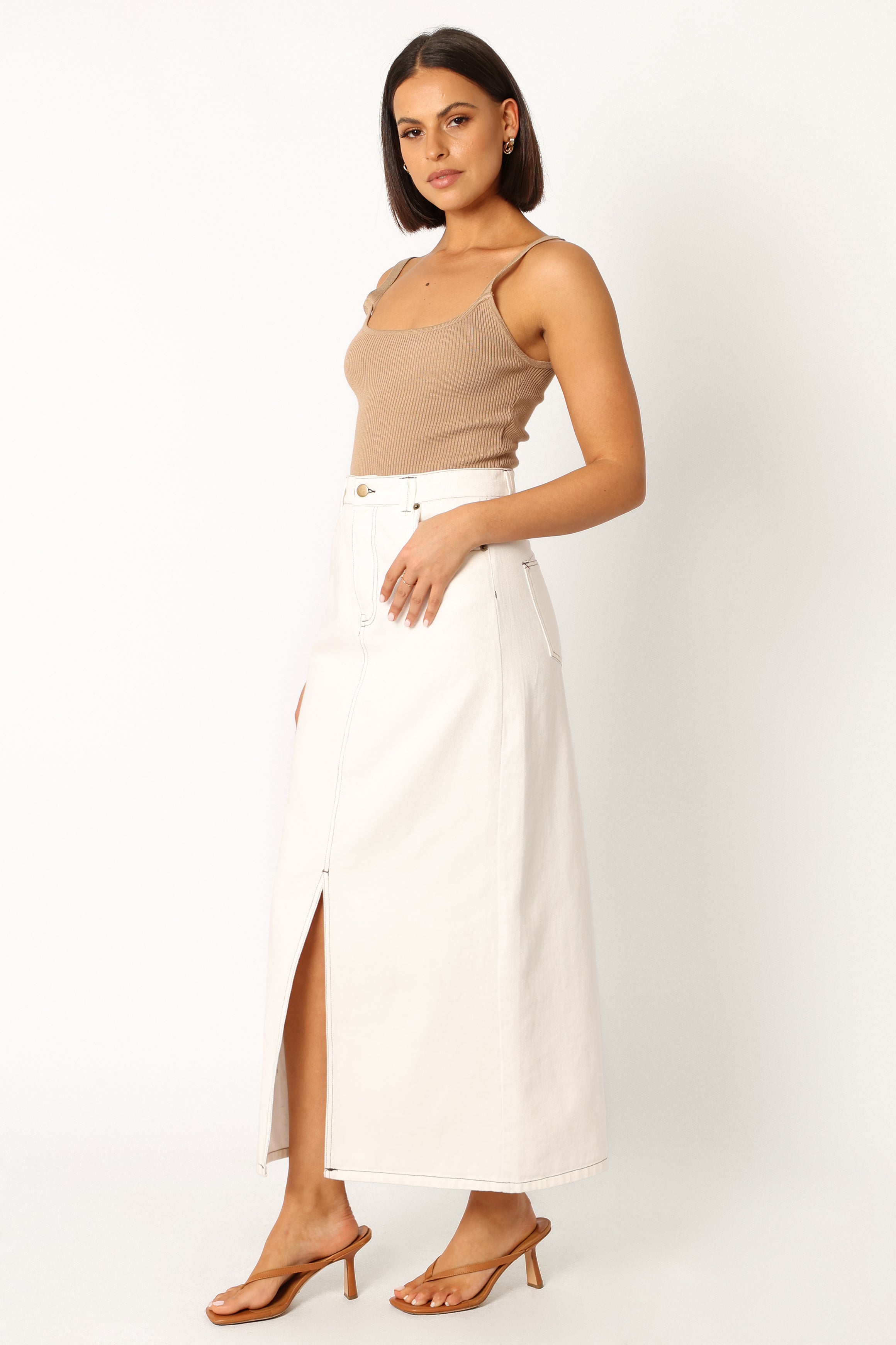 White Denim Midi Skirt by Rana - Front Zip & Button Close