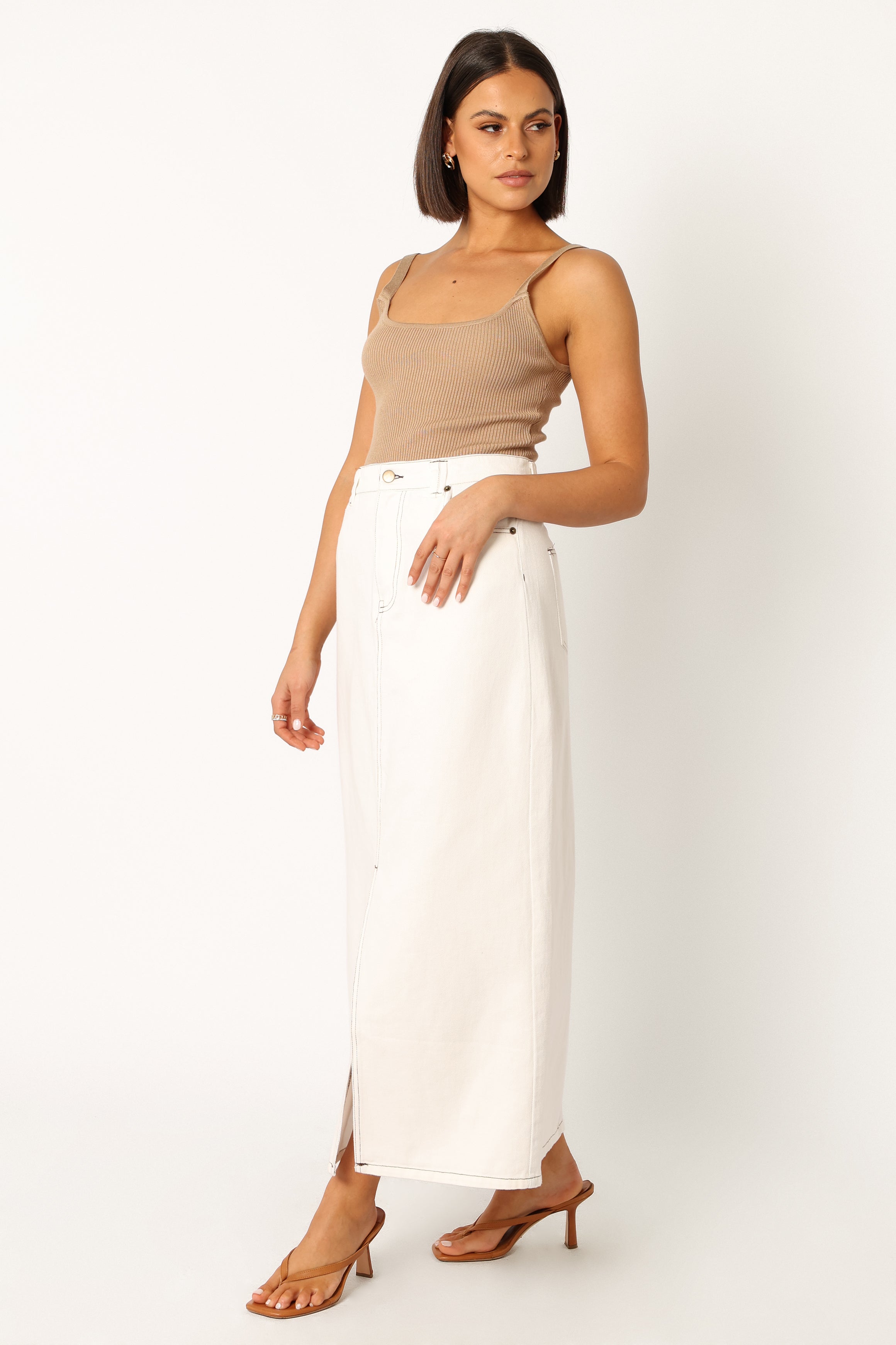 White Denim Midi Skirt by Rana - Front Zip & Button Close