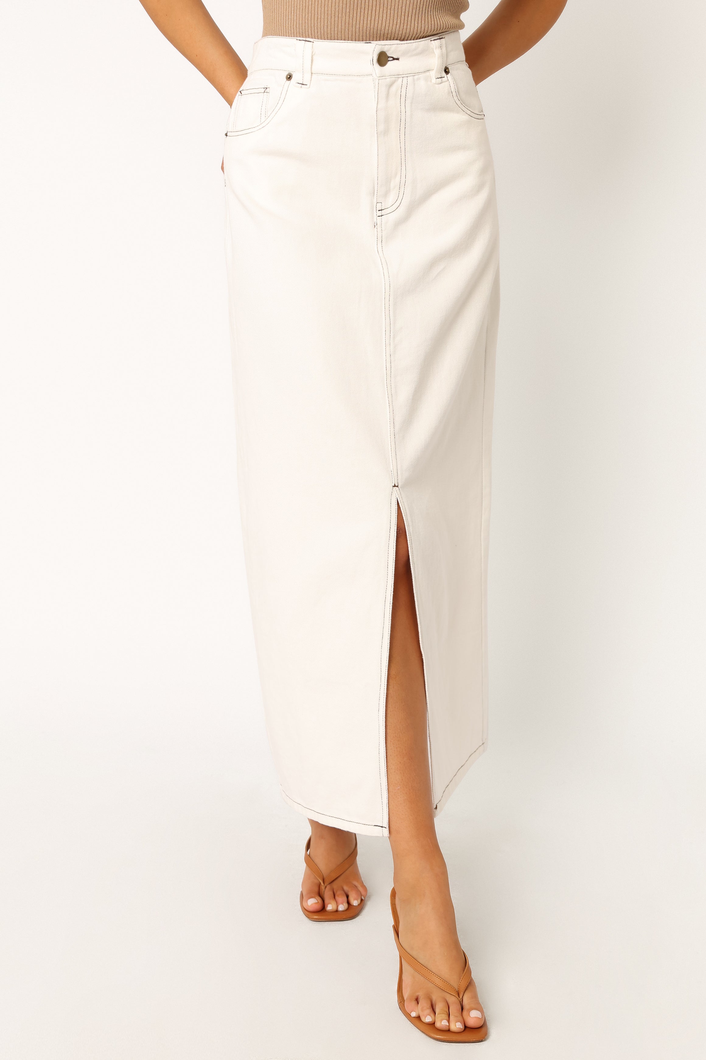 White Denim Midi Skirt by Rana - Front Zip & Button Close