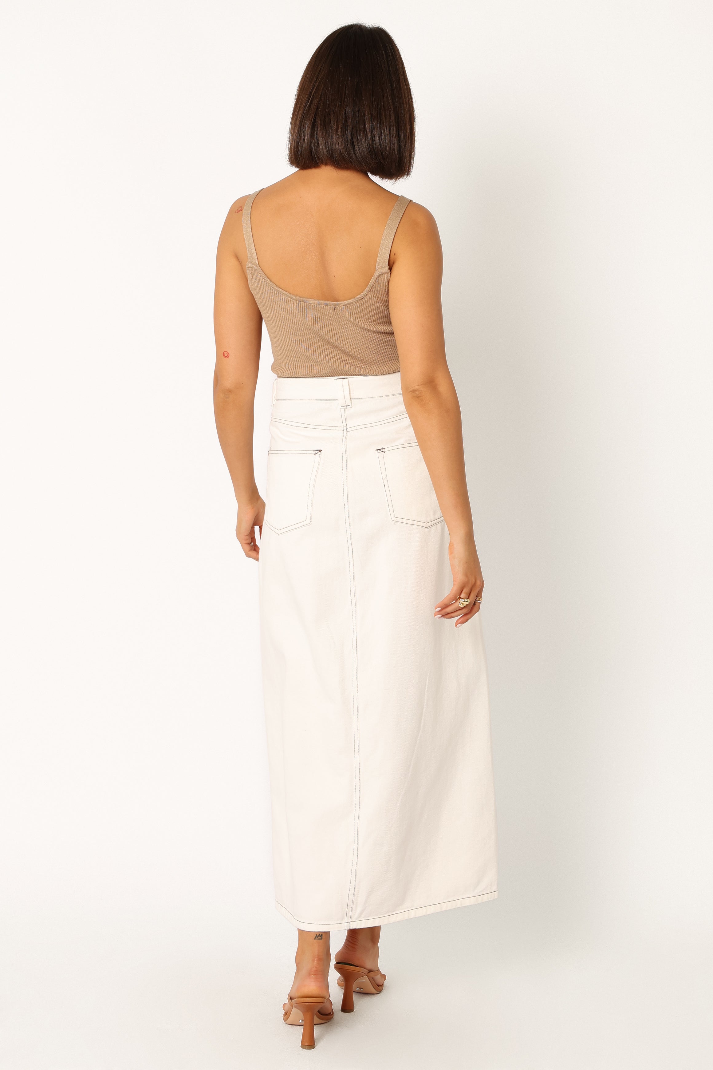 White Denim Midi Skirt by Rana - Front Zip & Button Close