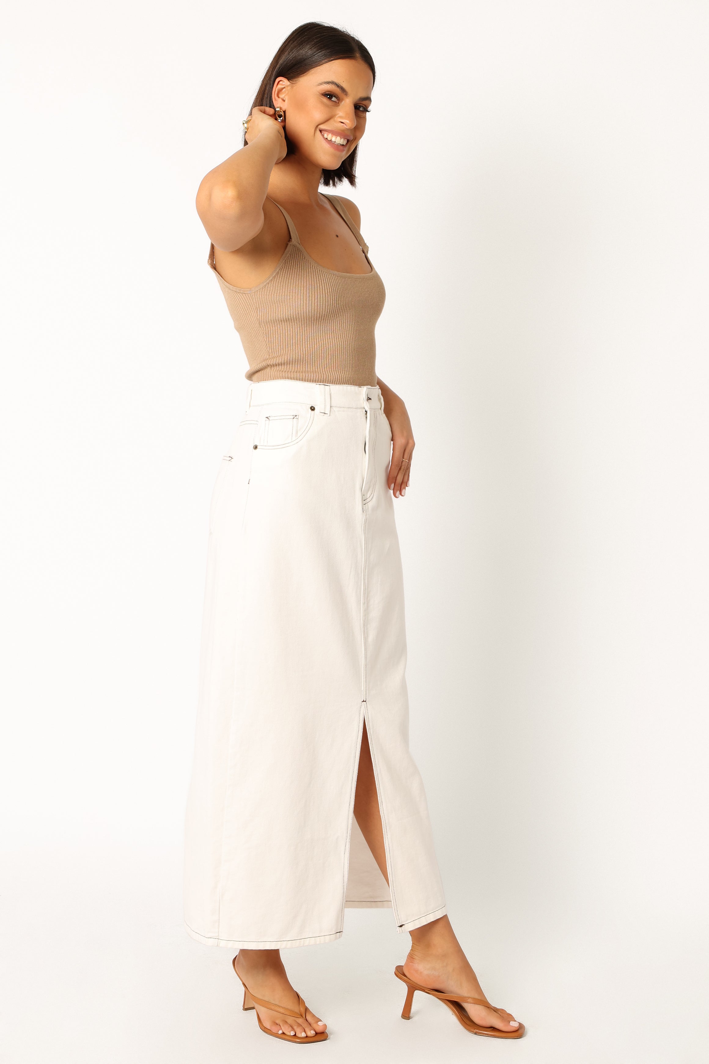 White Denim Midi Skirt by Rana - Front Zip & Button Close